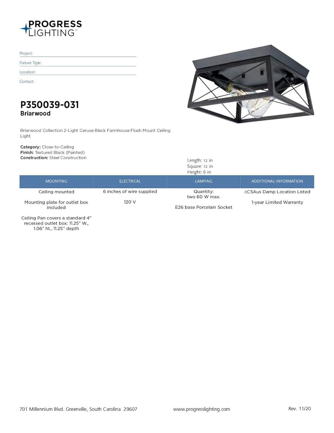Progress Lighting, Briarwood, 2-Light Flush Mount, Textured Black, Faux-Painted Wood Enclosure