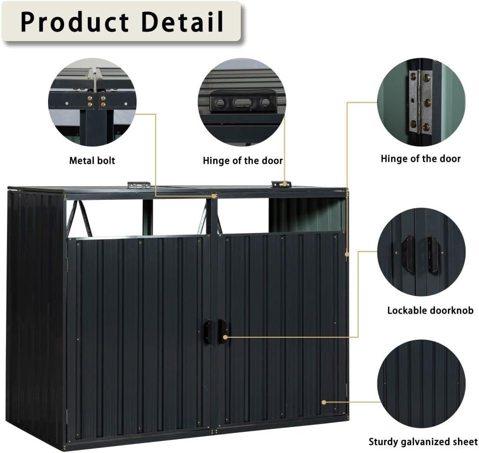 Black Metal Outdoor Garbage Bin Shed with Lockable Doors