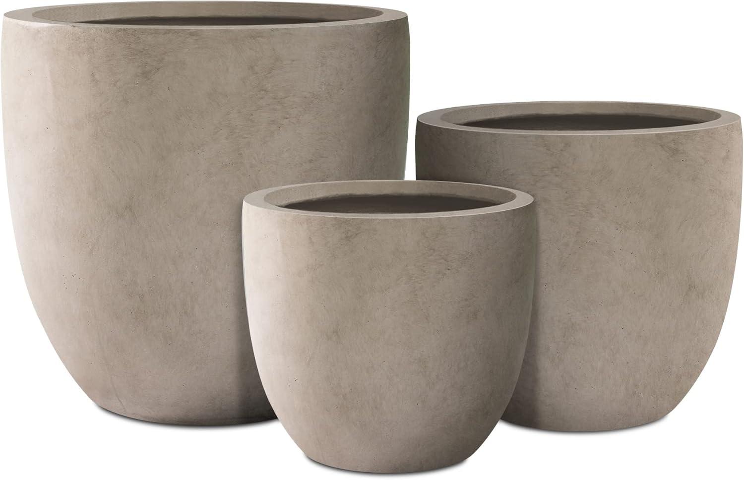 Set of 3 Gray Round Concrete Planters with Drainage Holes