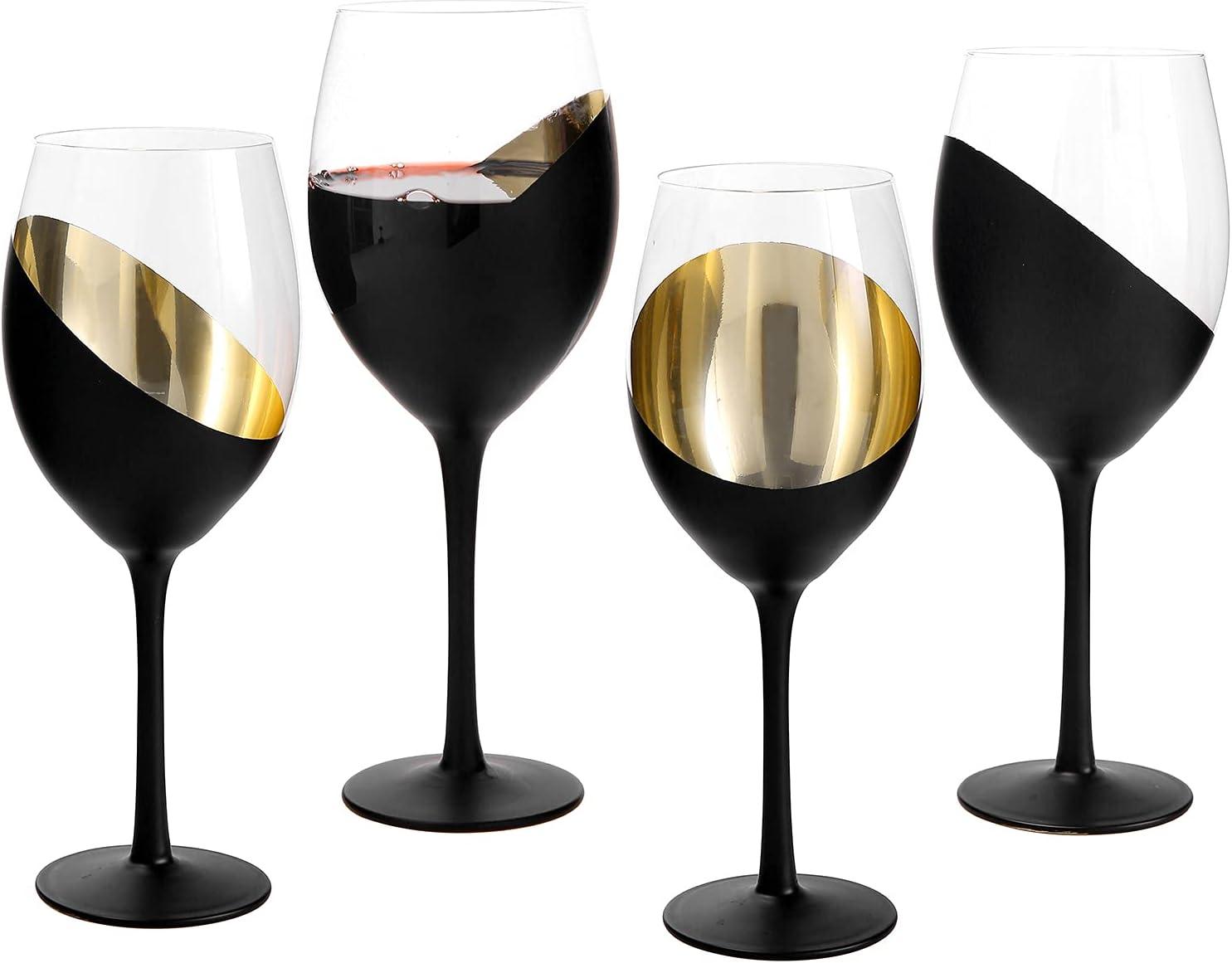 Set of 4 Matte Black and Gold Stemmed Wine Glasses