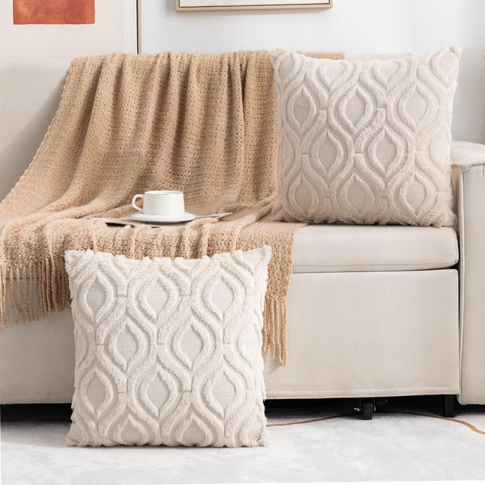 Beige Plush Faux Wool Euro Throw Pillow Covers, Set of 2