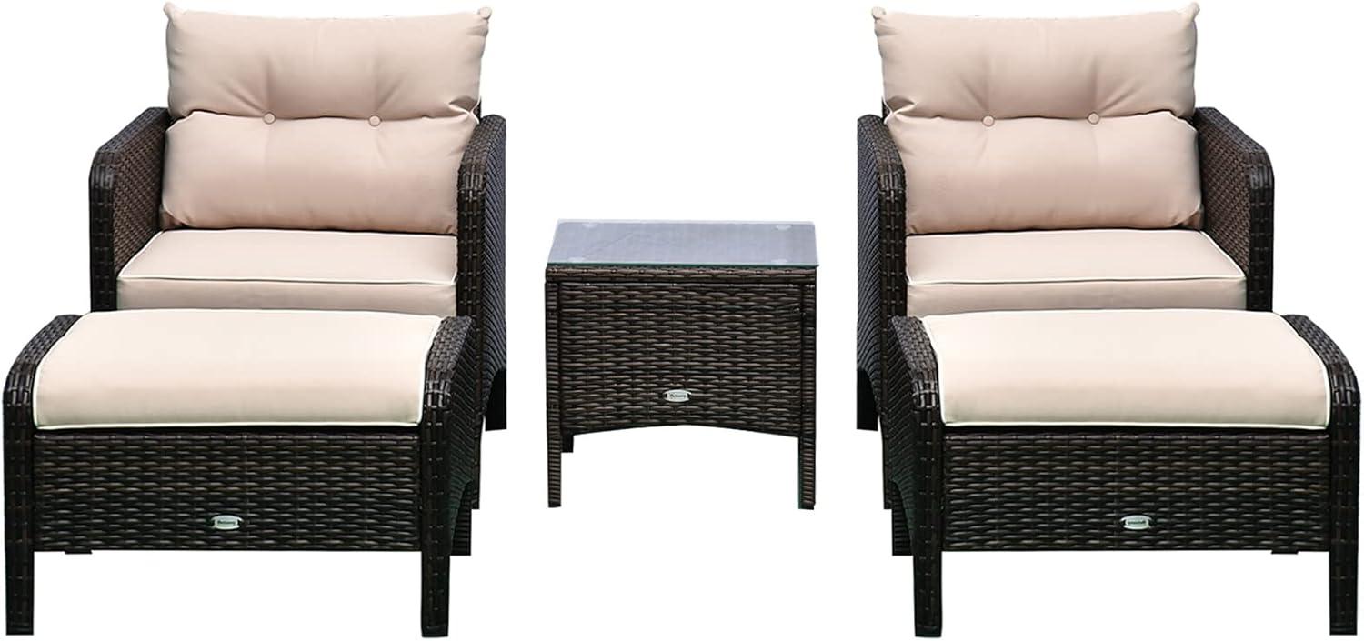 Outsunny 5 Piece Rattan Wicker Lounge Chair, Outdoor Patio Conversation Set with 2 Cushioned Chairs, 2 Ottomans & Tempered Glass Top Coffee Table