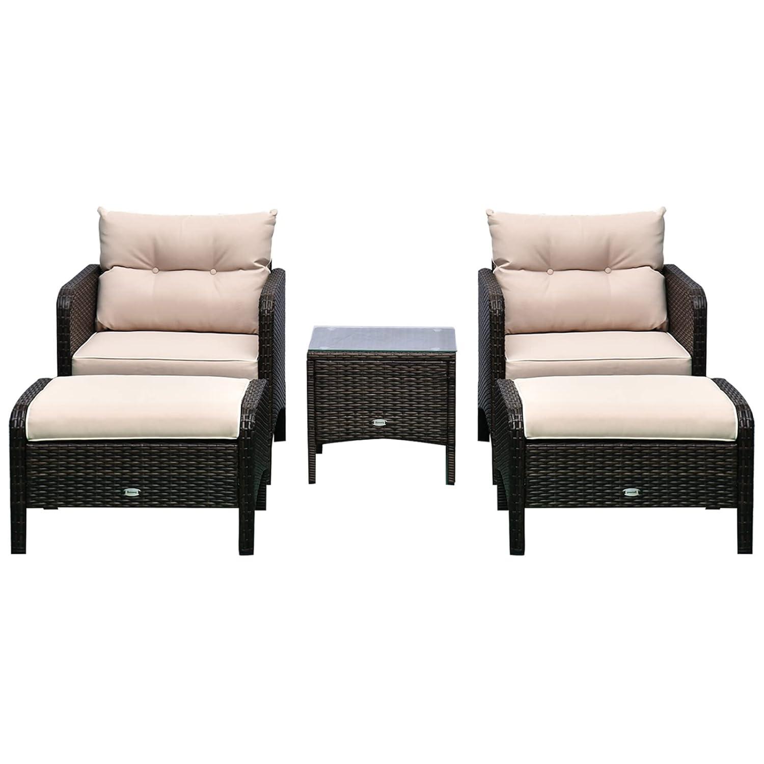 Outsunny 5 Piece Rattan Wicker Lounge Chair, Outdoor Patio Conversation Set with 2 Cushioned Chairs, 2 Ottomans & Top Coffee Table, Brown