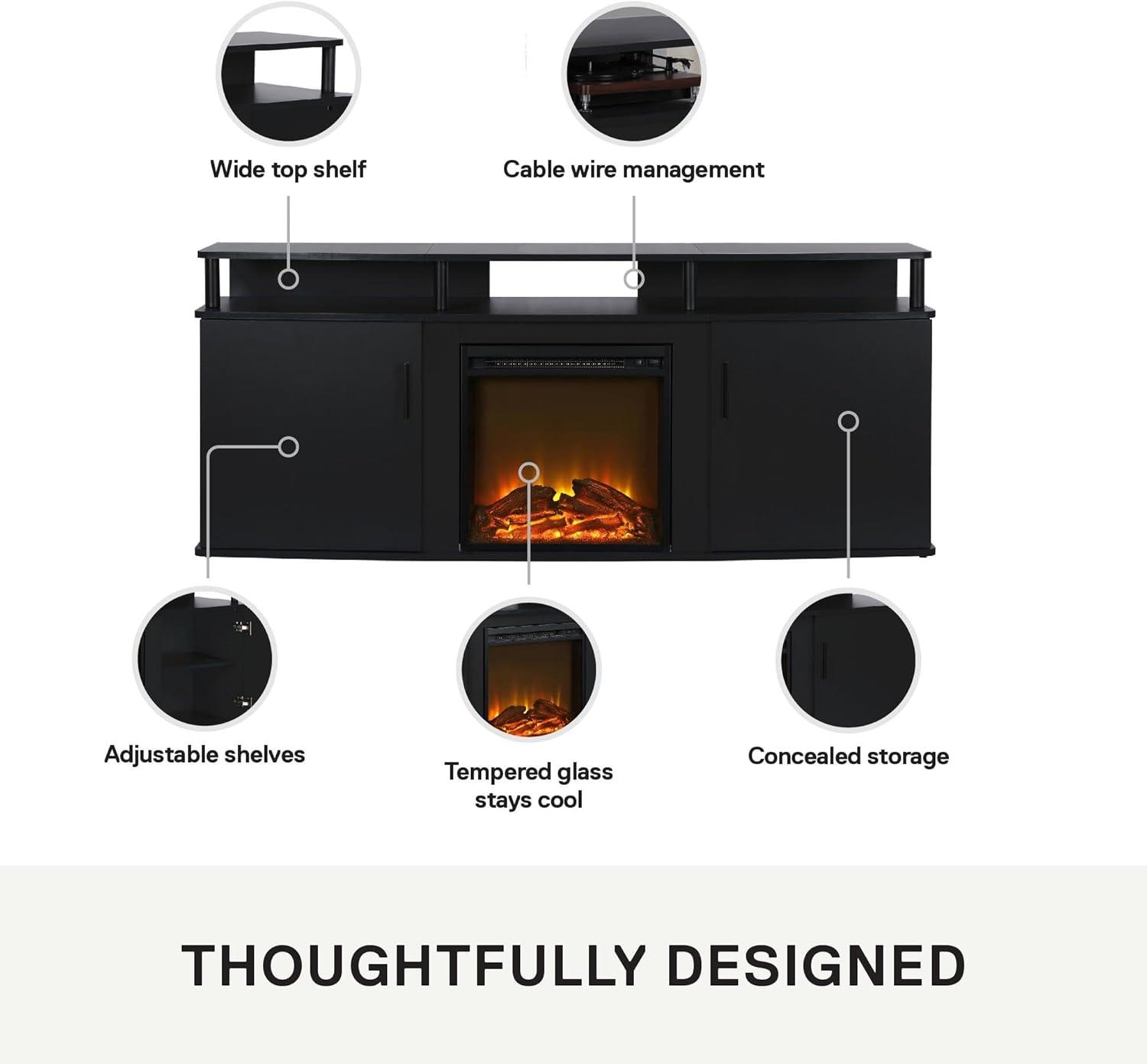 Black 70-Inch TV Stand with Electric Fireplace and Cabinets