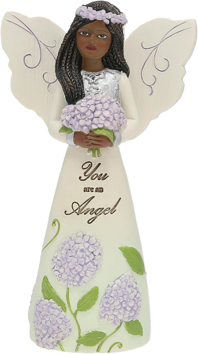 5" Cream and Silver Resin Angel Figurine with Hydrangeas