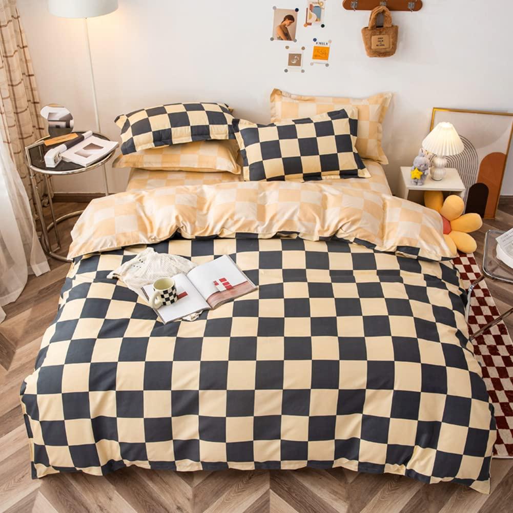 LAMEJOR Duvet Cover Set Twin Size Beige/Gray Checkered Bedding Set Comforter Cover (1 Duvet Cover+2 Pillowcases)