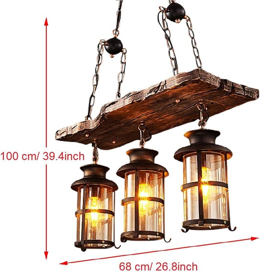 3-Light Rustic Kitchen Island Pendant Lamp Farmhouse Wood Iron Chandelier Industrial Ceiling Hanging Light with Glass Lampshade for Dining Living Room Restaurant Cafe Bar 39.4 x 27 in E26/E27 Base