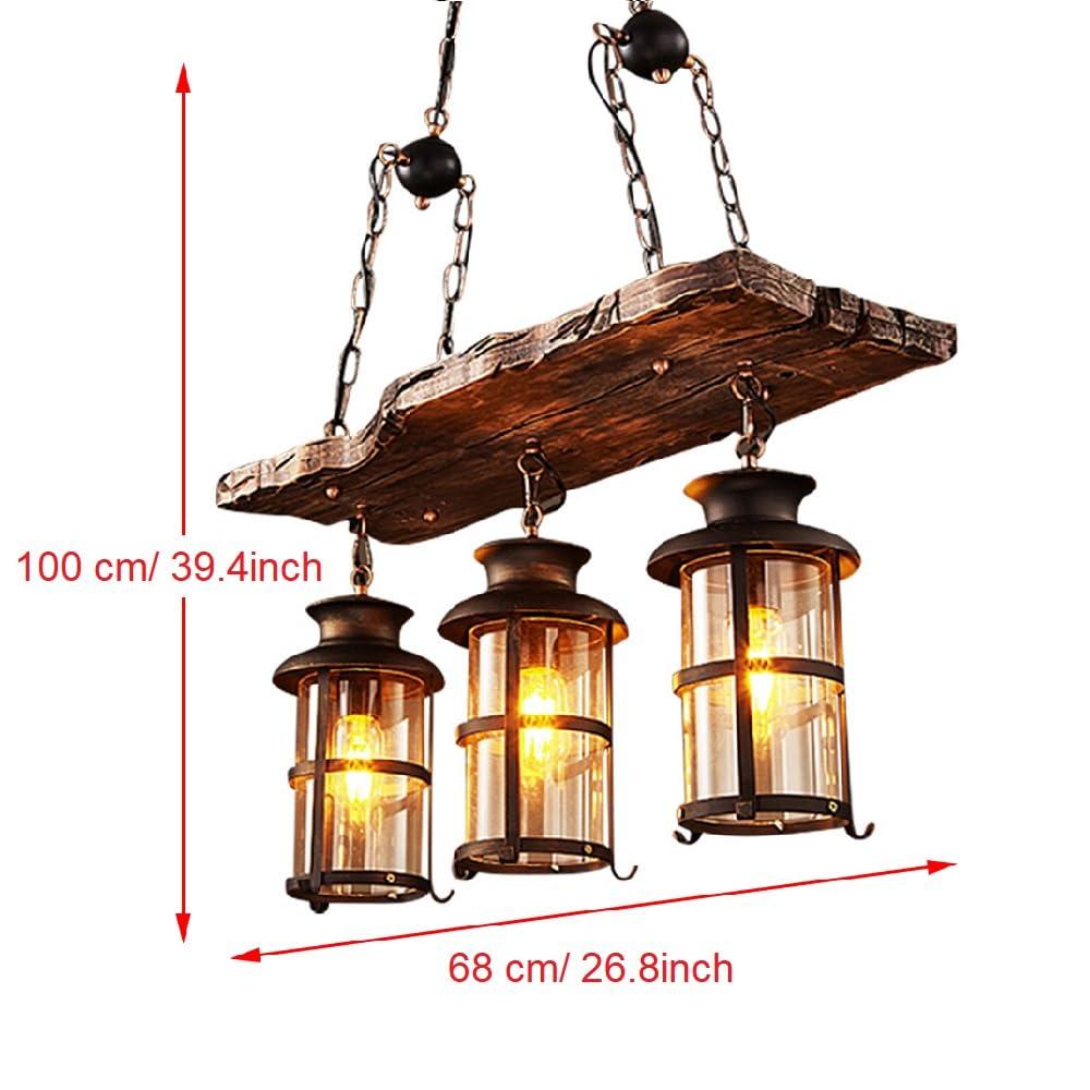 3-Light Rustic Kitchen Island Pendant Lamp Farmhouse Wood Iron Chandelier Industrial Ceiling Hanging Light with Glass Lampshade for Dining Living Room Restaurant Cafe Bar 39.4 x 27 in E26/E27 Base