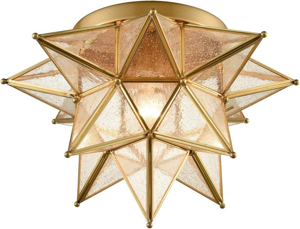Modern Moroccan Seeded Glass Brass Moravian Star Flush Mount Ceiling Light