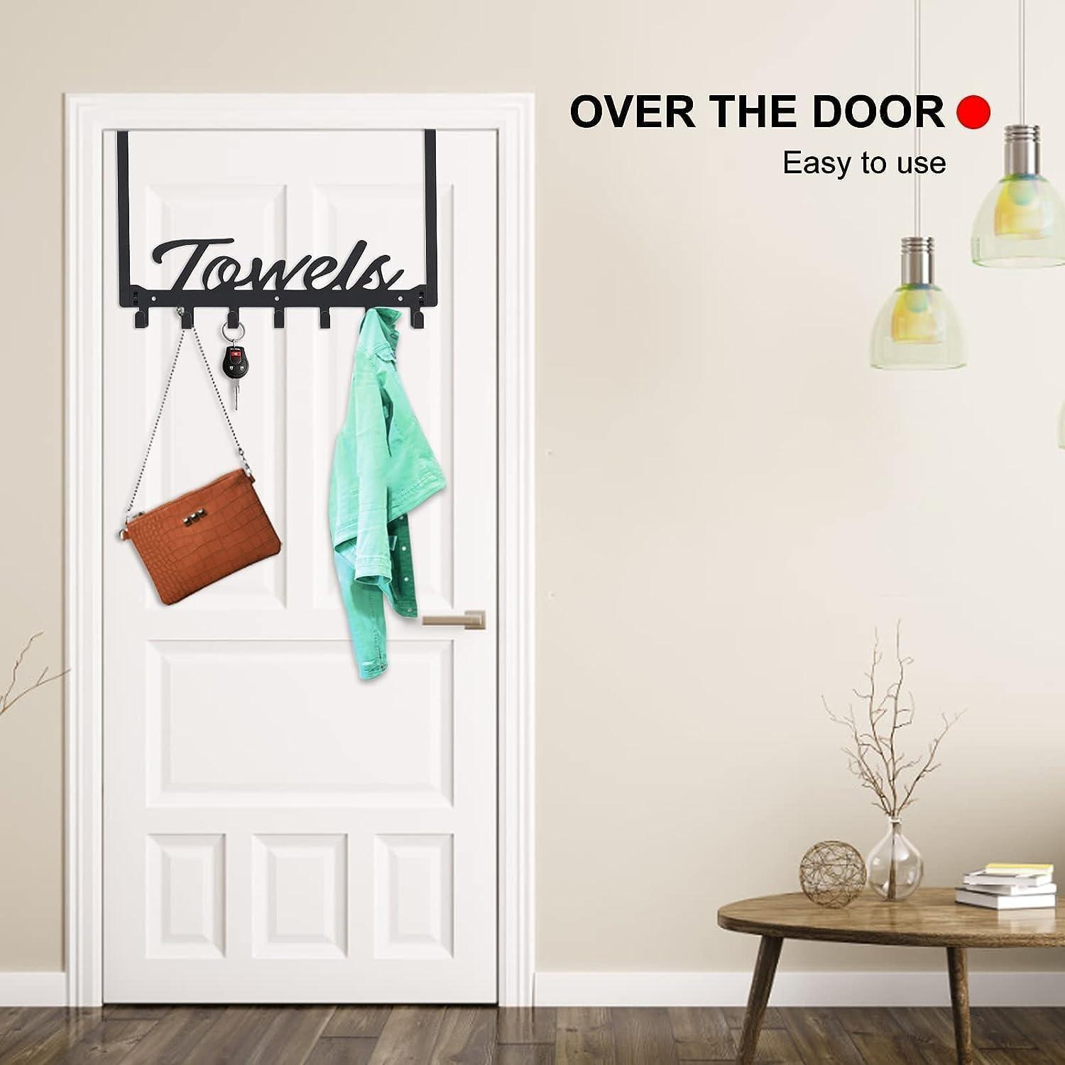 Over The Door Hooks - Heavy Duty Towel Rack with 6 Hooks for Bedroom, Bathroom, Kitchen - Holds Towels, Bags, Coats, Hats - Black