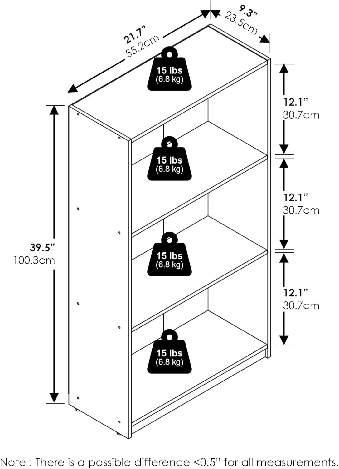 Furinno Basic 3-Tier Bookcase Storage Shelves, White/White