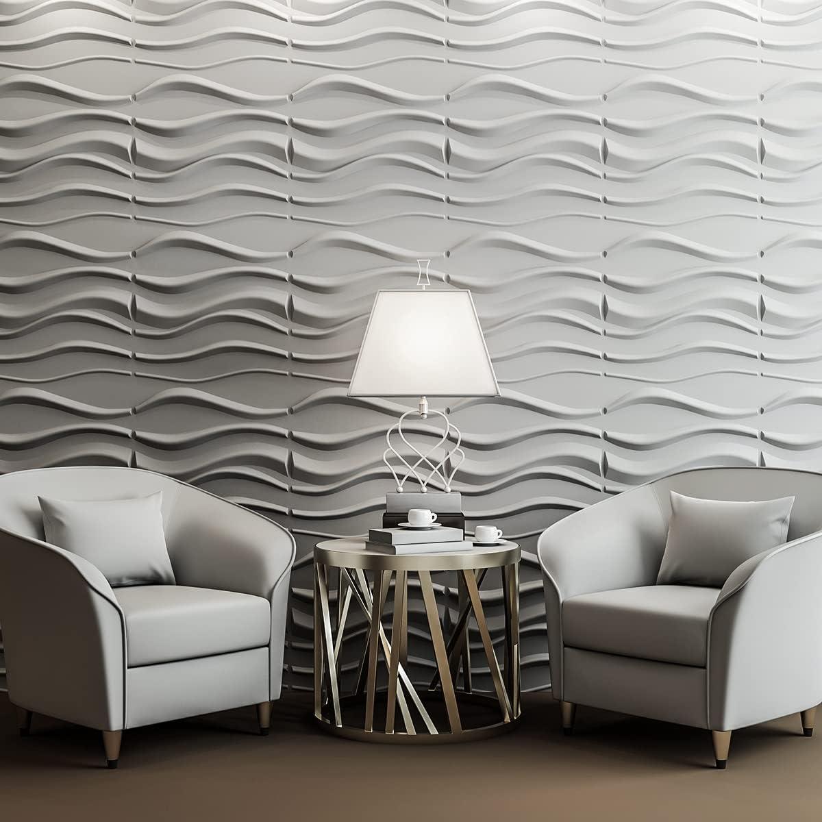 White Wavy Textured PVC 3D Wall Panels, 12-Pack, 19.7 x 19.7in