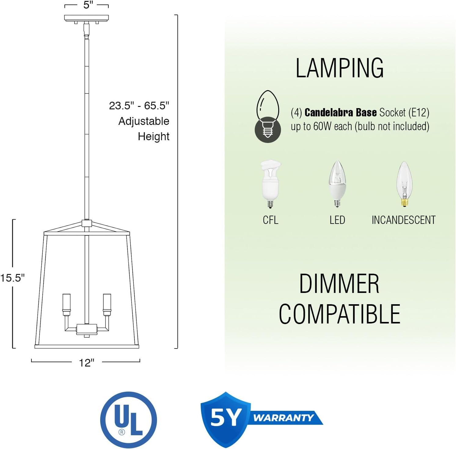 Kira Home Bellevue 16" 4-Light Farmhouse Lantern Pendant Light, Adjustable Foyer Chandelier, Warm Brass Accents + Black