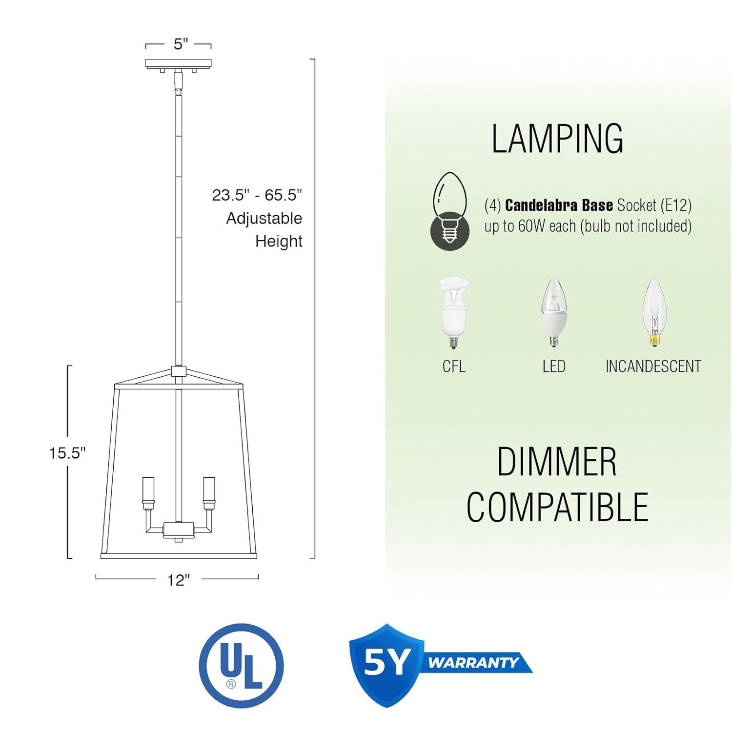Kira Home Bellevue 16" 4-Light Farmhouse Lantern Pendant Light, Adjustable Foyer Chandelier, Warm Brass Accents + Black