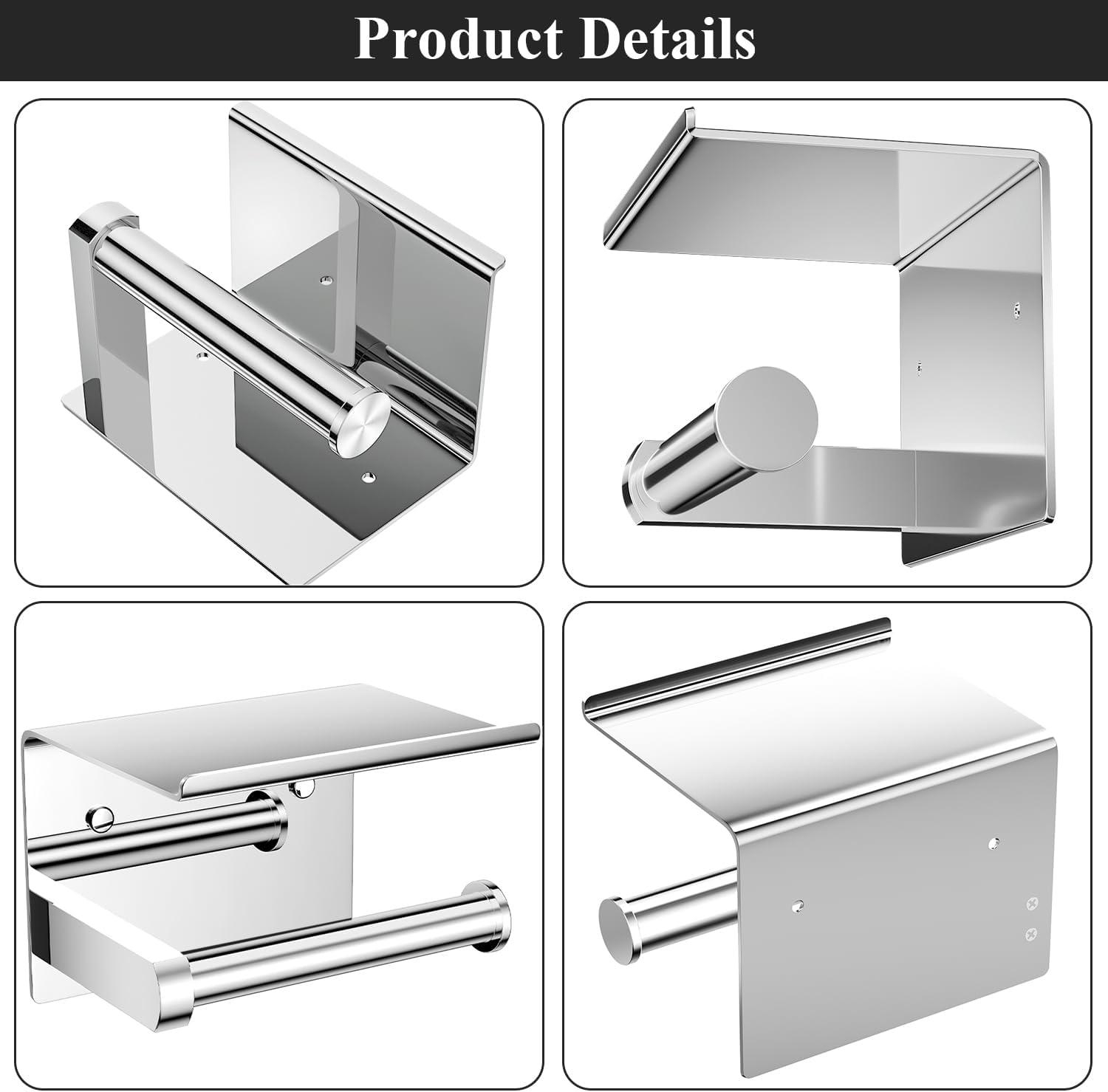 Tindbea Toilet Paper Holder with Phone Shelf + Towel Robe Hooks, Adhesive or Screw Wall Mounted Toilet Paper Roll Storage, Stainless Steel Bathroom Tissue Roll Holder (Polished Chrome)