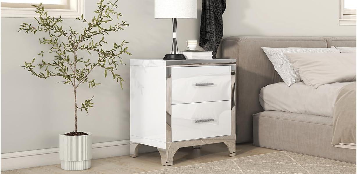 Elegant High Gloss Nightstand with Metal Handle,Mirrored Bedside Table with 2 Drawers,End Table Side Table for Bedroom,Living Room,White