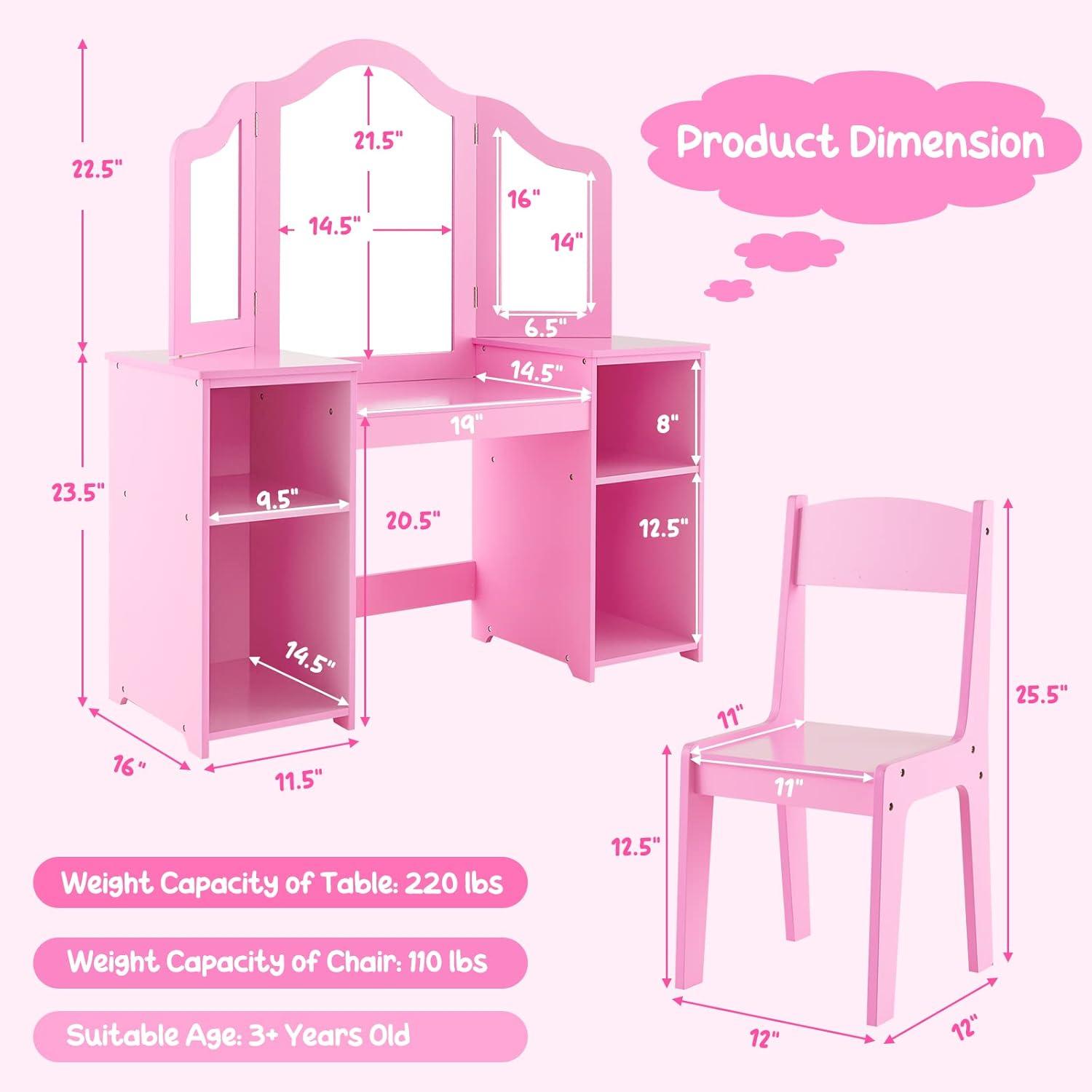 KORIMEFA Kids Vanity, Girls Vanity With touch Light Detachable Tri-Folding Mirror, Open Storage Shelves, Wood Makeup Playset with Chair, Princess Vanity Table for Toddlers, Pink