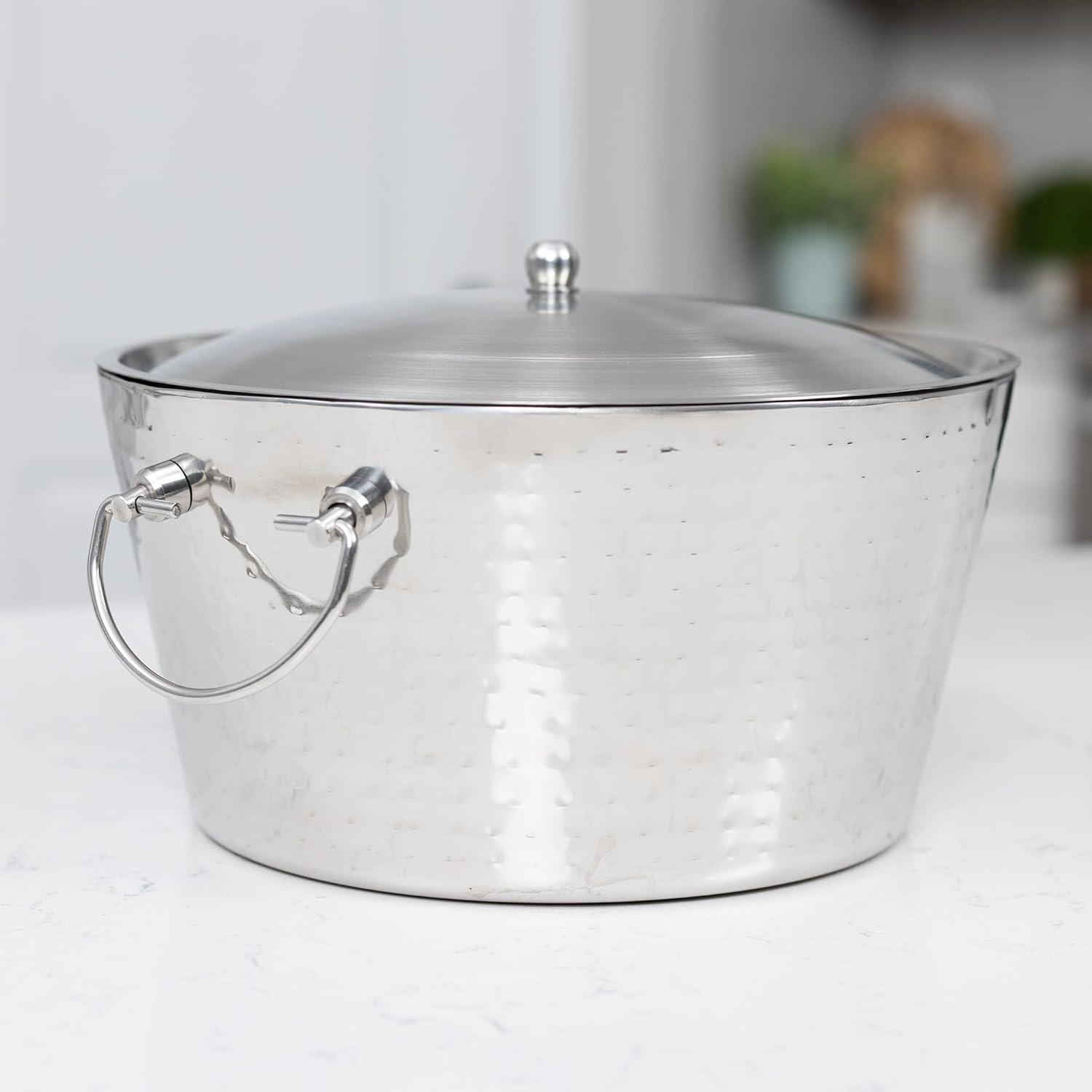 BREKX Anchored Model Hammered Steel Insulated Wine Ice Bucket with Lid - 14" D x 6.75" H