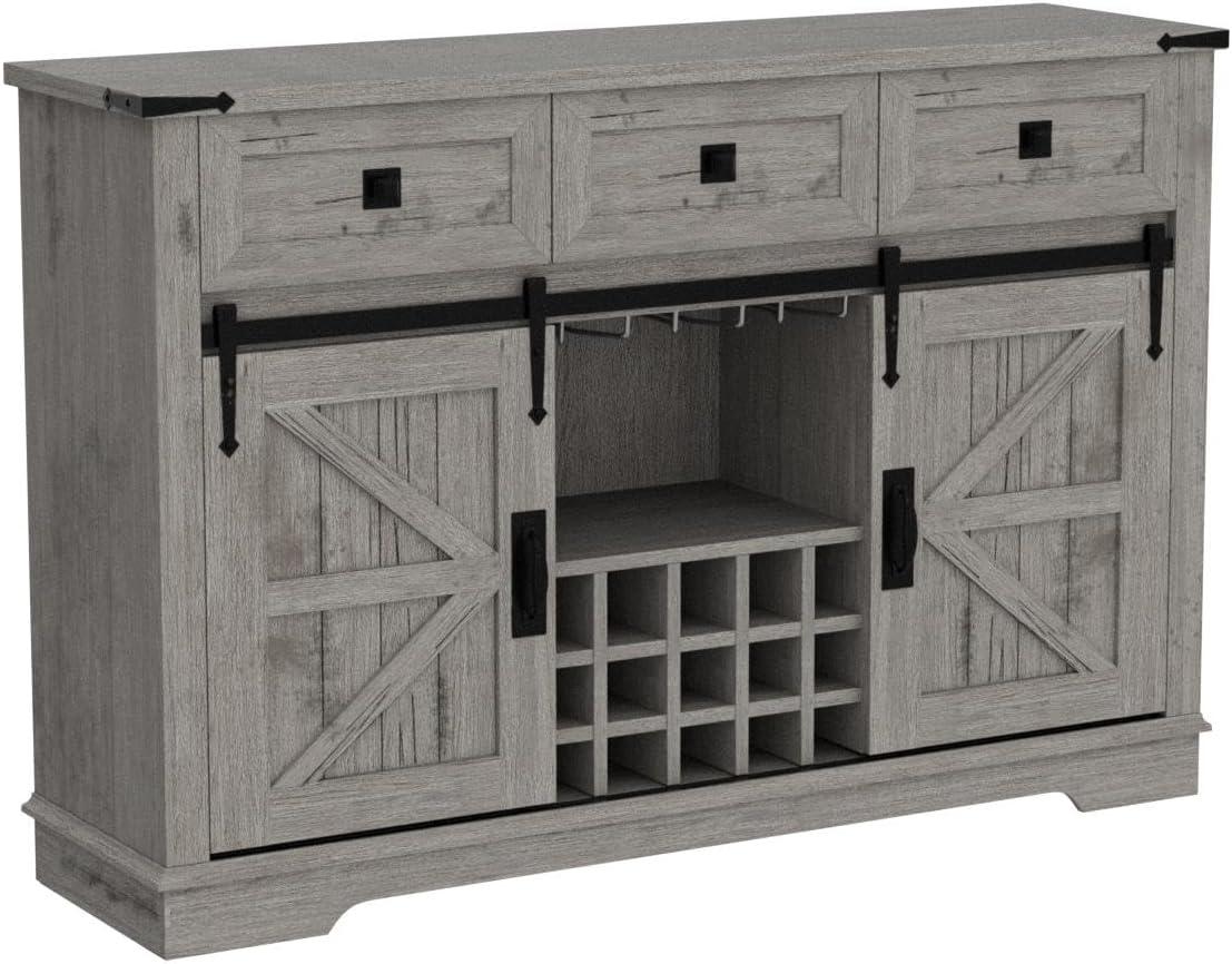 OKD 54" Wine Bar Cabinet w/Sliding Barn Door, Kitchen Coffee Bar Cabinet w/Wine & Glass Rack, 3 Drawers, Large Buffet Sideboard