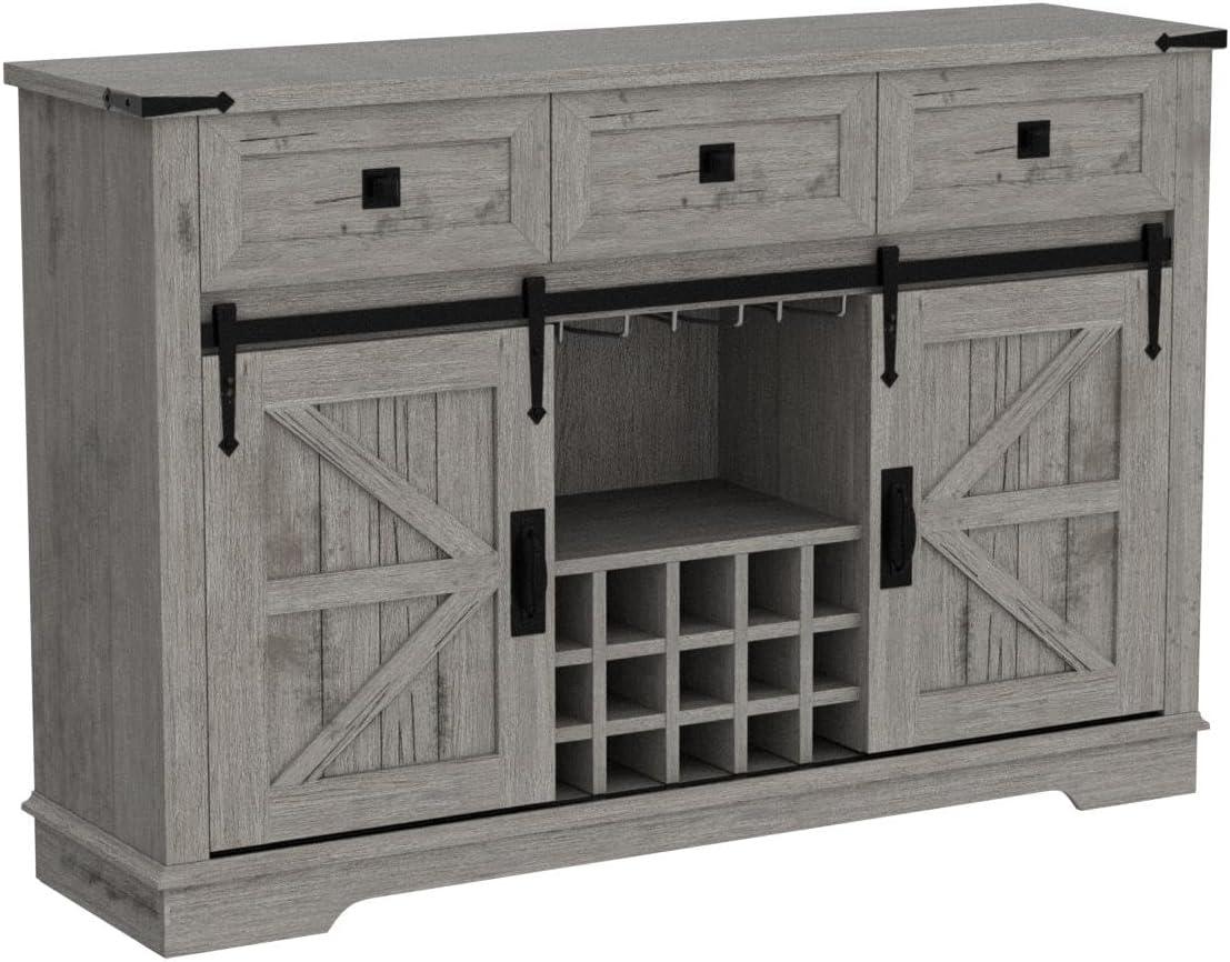 SinCiDo 54" Wine Bar Cabinet w/Sliding Barn Door, Kitchen Coffee Bar Cabinet w/Wine & Glass Rack, 3 Drawers, Large Buffet Sideboard, Light Rustic Oak