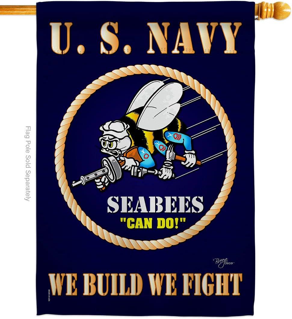 Breeze Decor Sea Bees House Flag - Armed Forces Navy USN Seabee United State American Military Veteran Retire Official - Decoration Banner Small Garden Yard Gift Double-Sided Made in USA 28 X 40