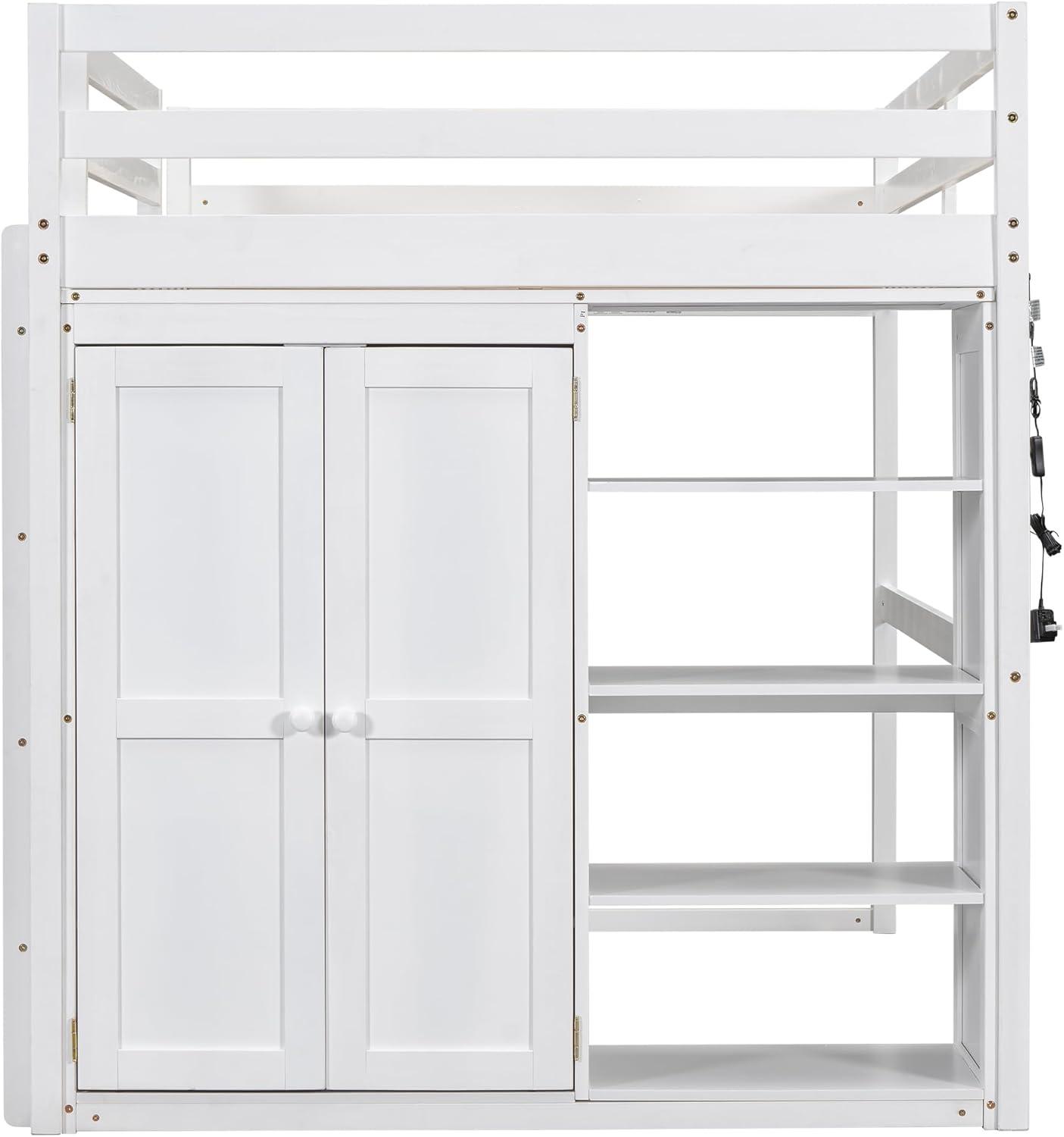 Harper & Bright Designs Full Size Loft Bed with Storage Shelves & Wardrobe, Wood Full Loft Bed Frame with LED Light for Kids Teens,Adults,Space Saving High Loft Bed,White