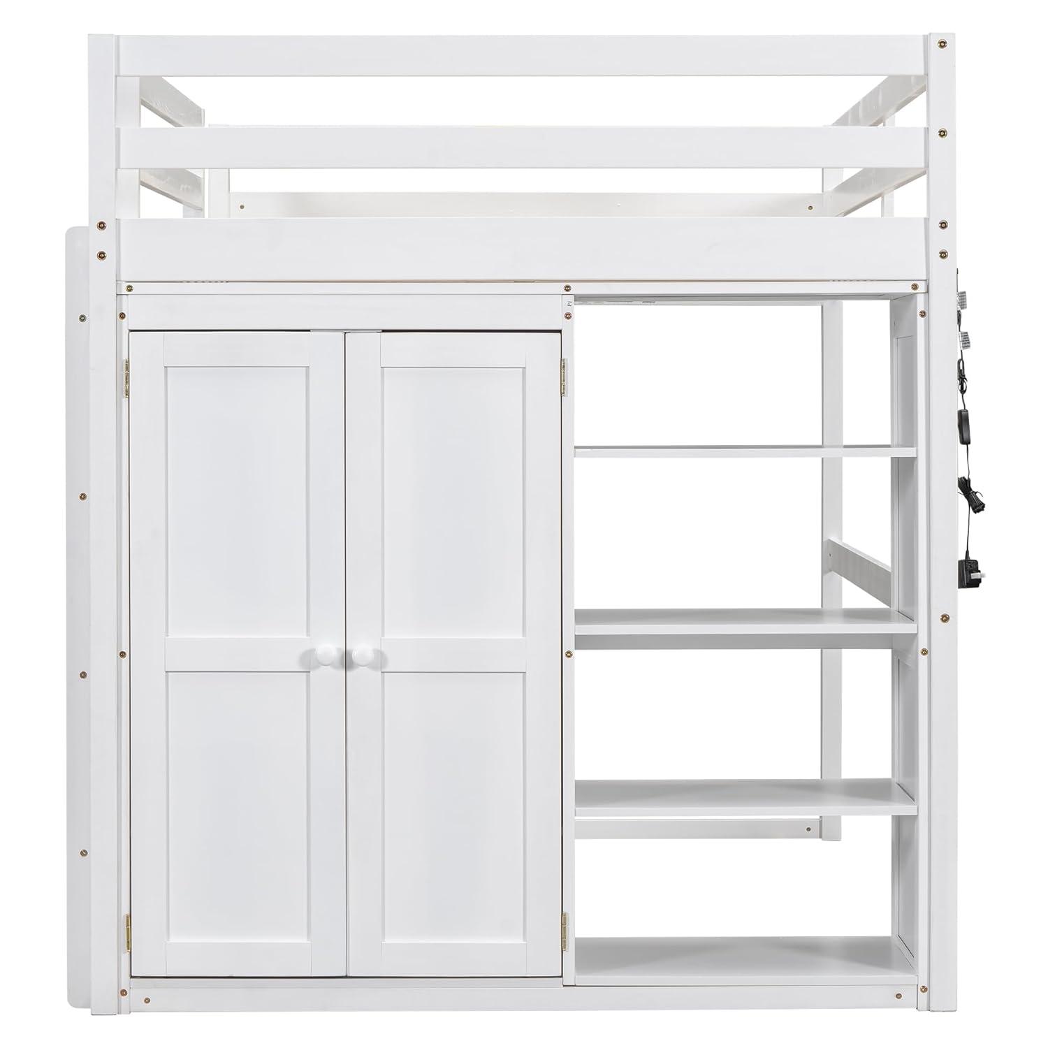 Harper & Bright Designs Full Size Loft Bed with Storage Shelves & Wardrobe, Wood Full Loft Bed Frame with LED Light for Kids Teens,Adults,Space Saving High Loft Bed,White