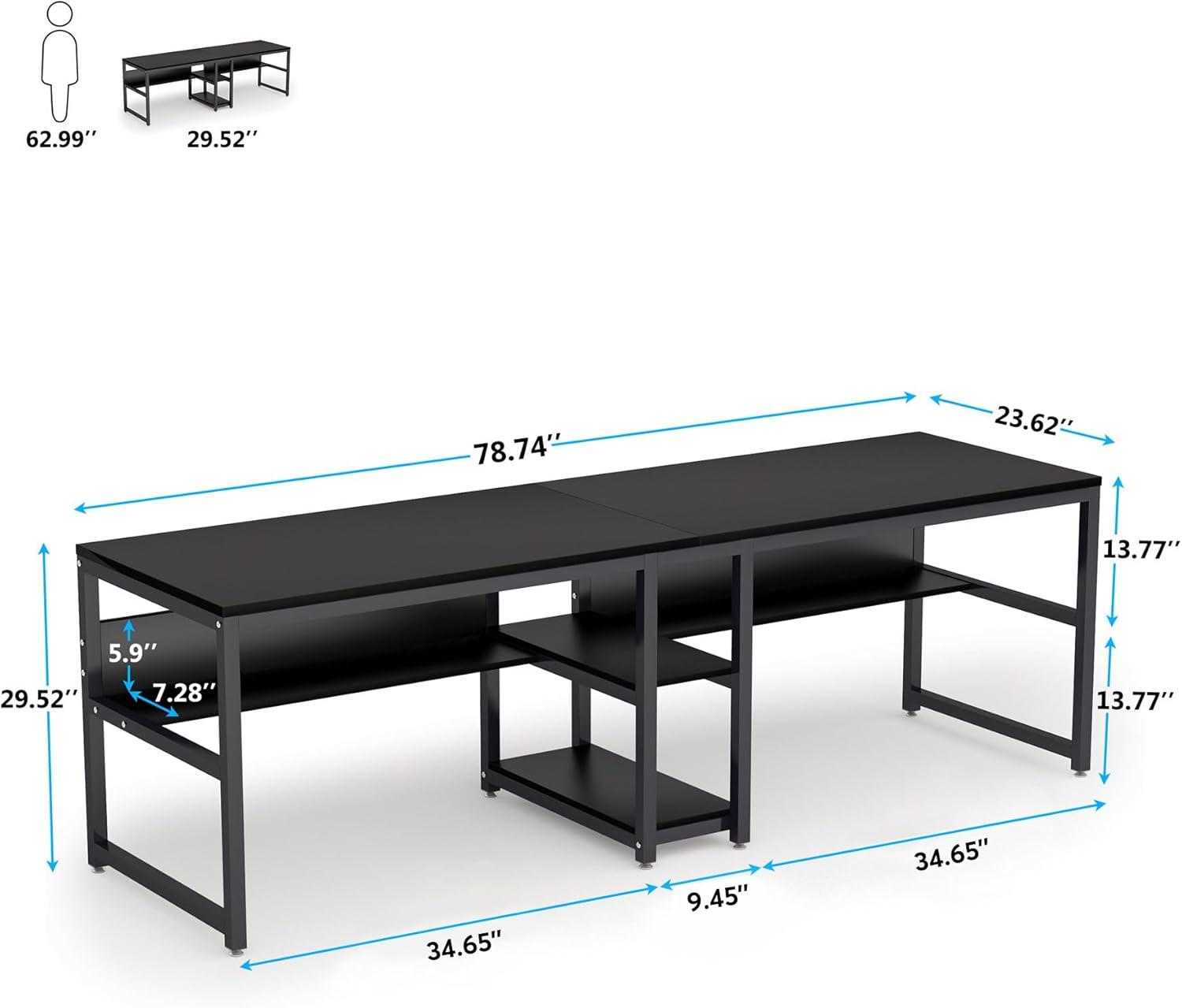 Tribesigns 78.7 Two Person Desk, Computer Double Office Desk with Bookshelf for Two Person, Industrial Writing Desk Workstation with Shelf for Home Office (Black)