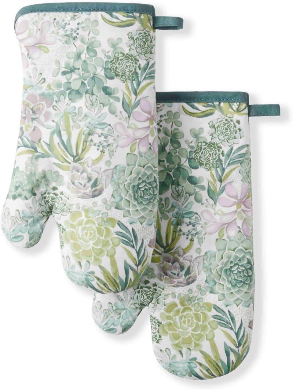 Green Succulent Print Cotton Oven Mitt Set, 2-Piece