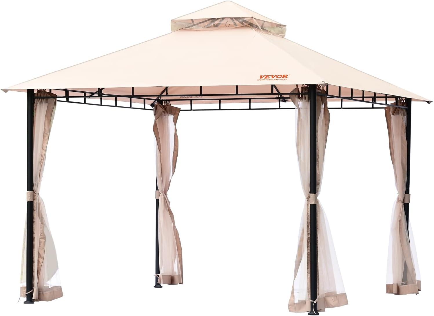 Beige and Black 10x10 FT Metal Frame Patio Gazebo