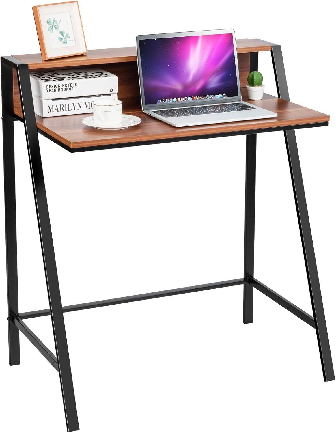 YYAo Writing Desk, Home Computer Desk,2 Tier Computer Desk PC Laptop Table Study Writing Home Office Workstation New-Walnut