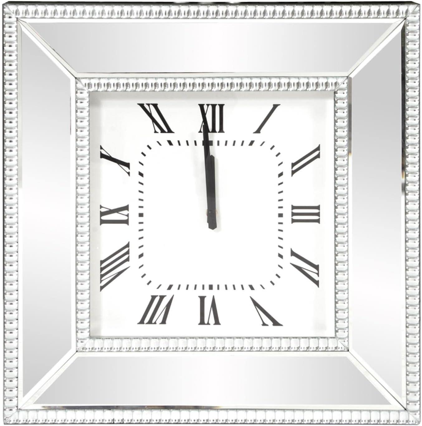 Square Mirrored Wall Clock with Beaded Glass Trim