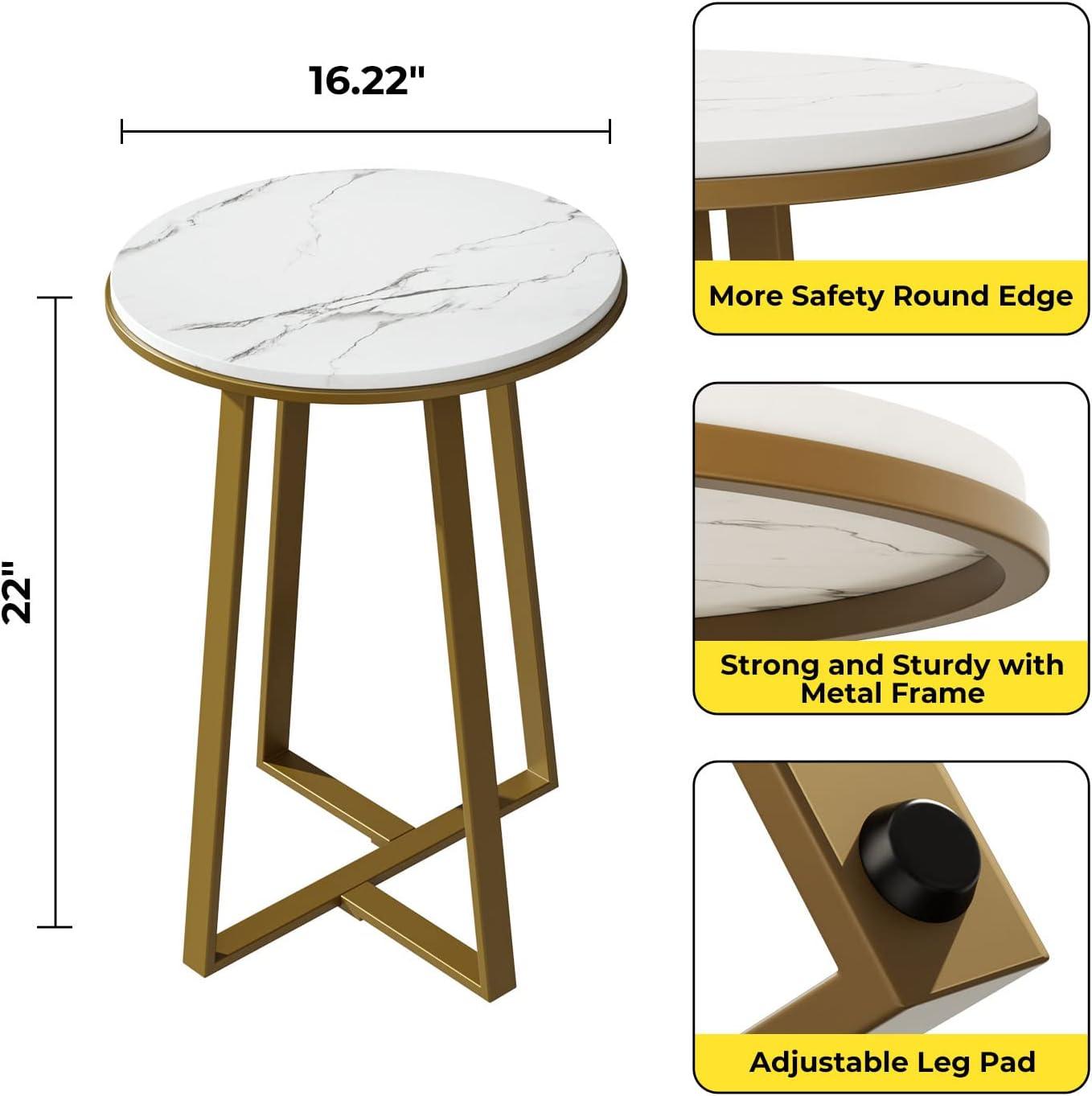 Round Small End Table White Marble Texture MDF Top,Metal Frame Gold Color, Tall Coffee Tea End Table for Bed Room, Living Room (White Marble+Gold)