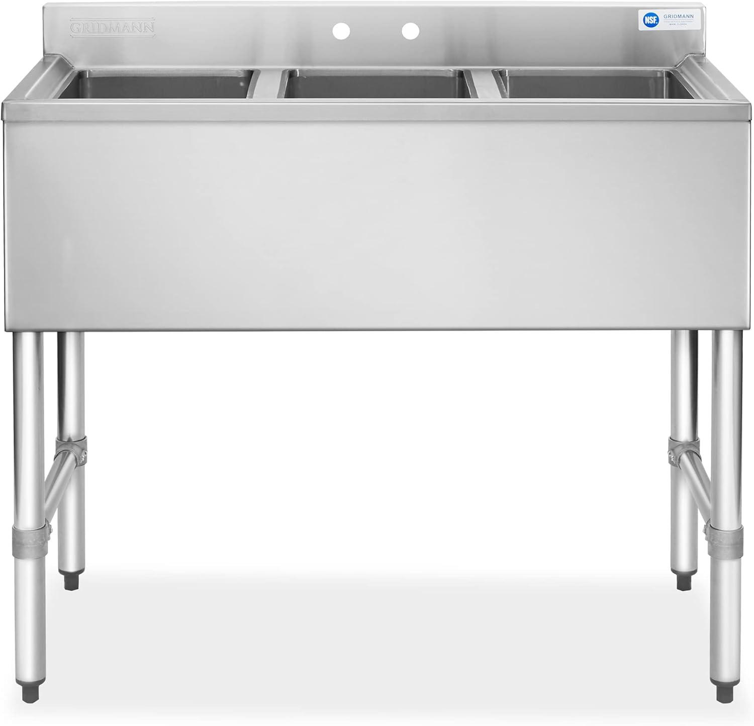 3 Compartment NSF Stainless Steel Commercial Bar Sink By GRIDMANN