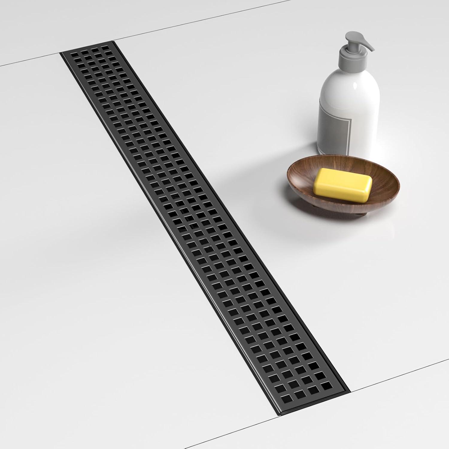 Matte Black Stainless Steel Linear Shower Drain with Square Pattern Cover