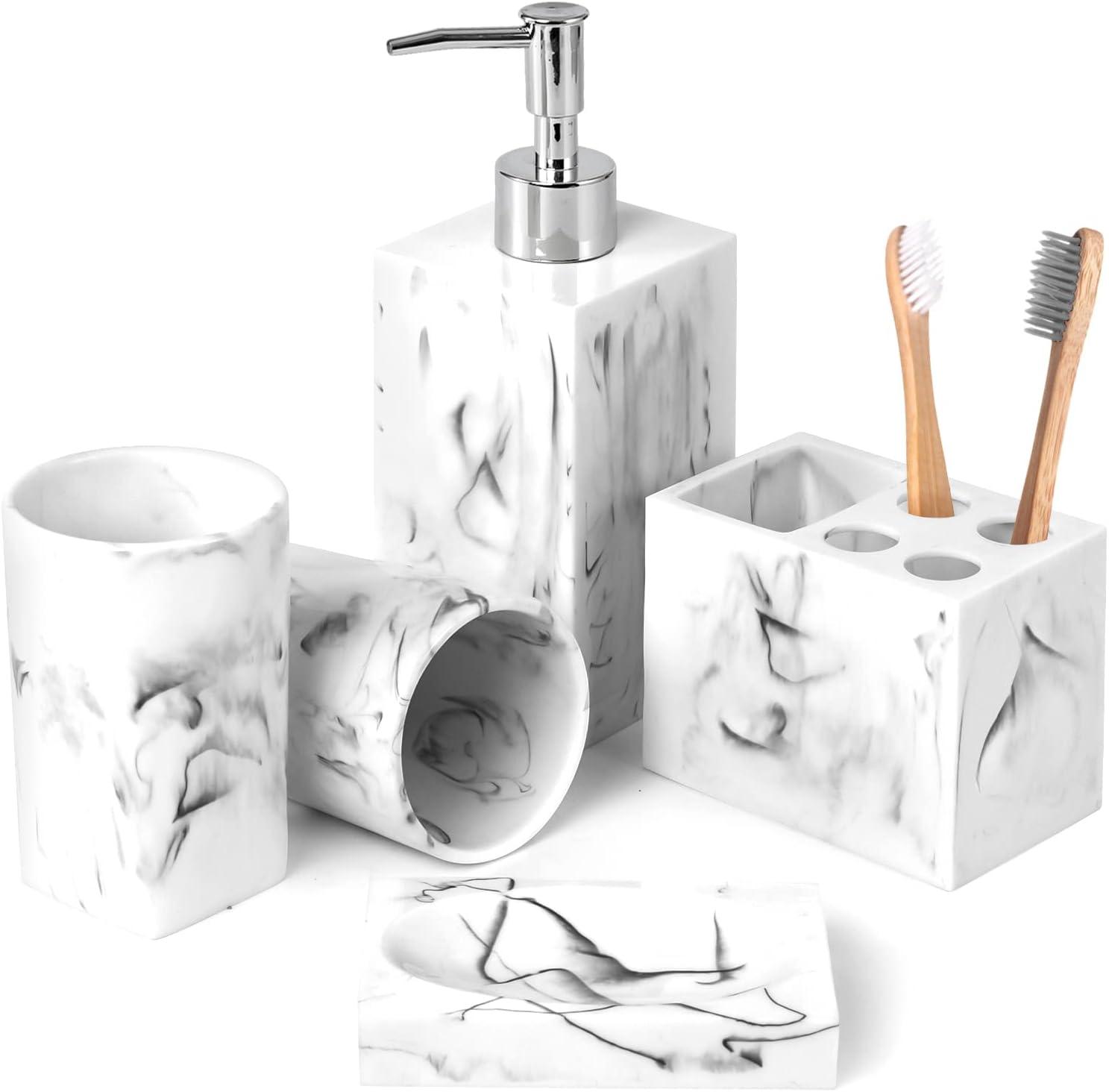 Haturi Bathroom Accessories Set, 4 Pcs Marble Look Sets Soap Dispenser & Toothbrush Holder Counter Top Restroom Apartment Decor Stuff, Glass Kits, Gift for Women and Men, Ink White