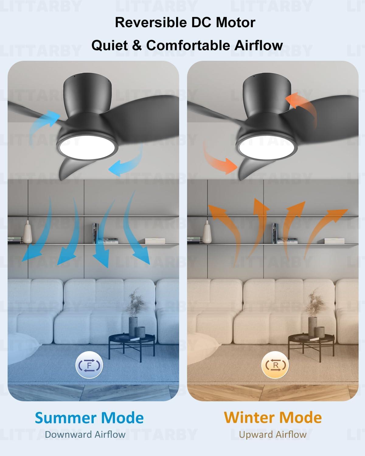 Ceiling Fans with Lights and Remote, 24 Inch Reversible Black Modern Dimmable 3CCT Flush Mount Ceiling Fans, Small Low Profile Ceiling Fan with Light for Bedroom, Kitchen, Living/Kids/Dining Room