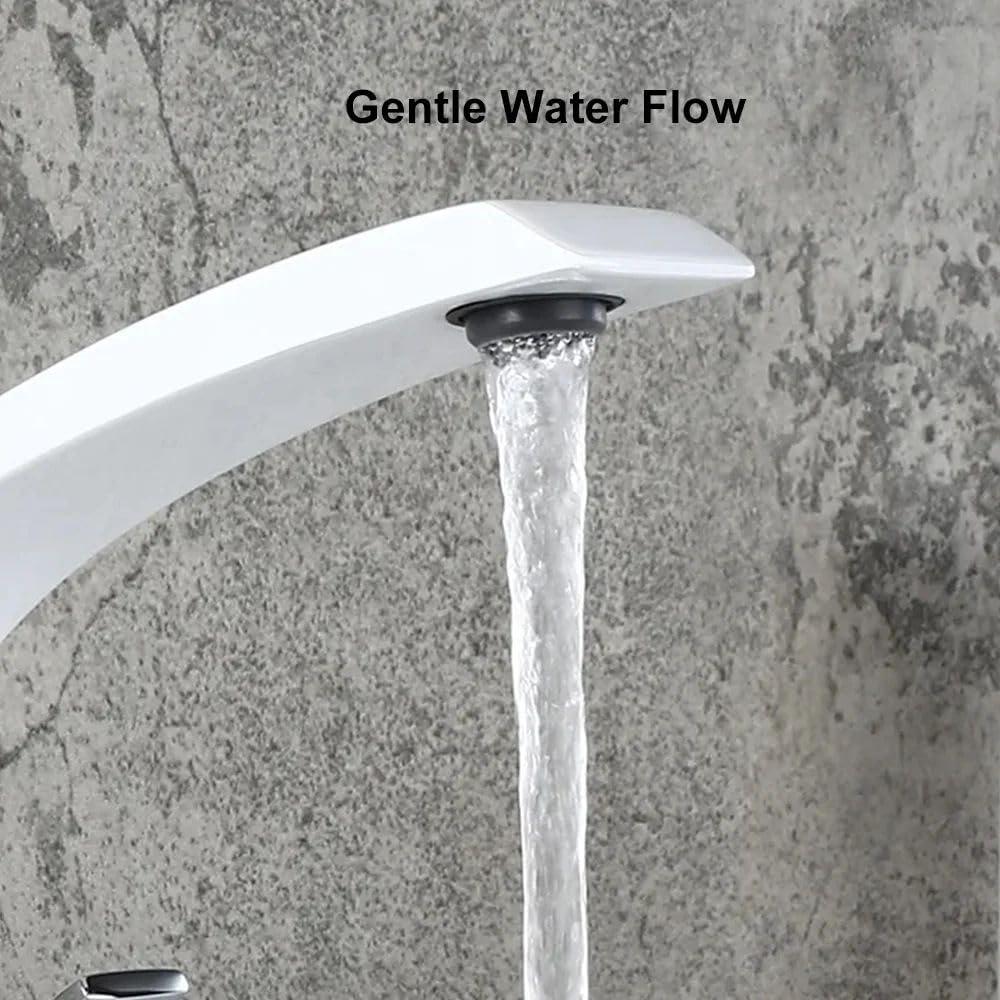 Homary 1-Handle Single Hole Solid Brass Sink Faucet Bathroom Curved Spout with Drain Assembly and Supply Hose Lavatory Mixer Tap, Glossy White