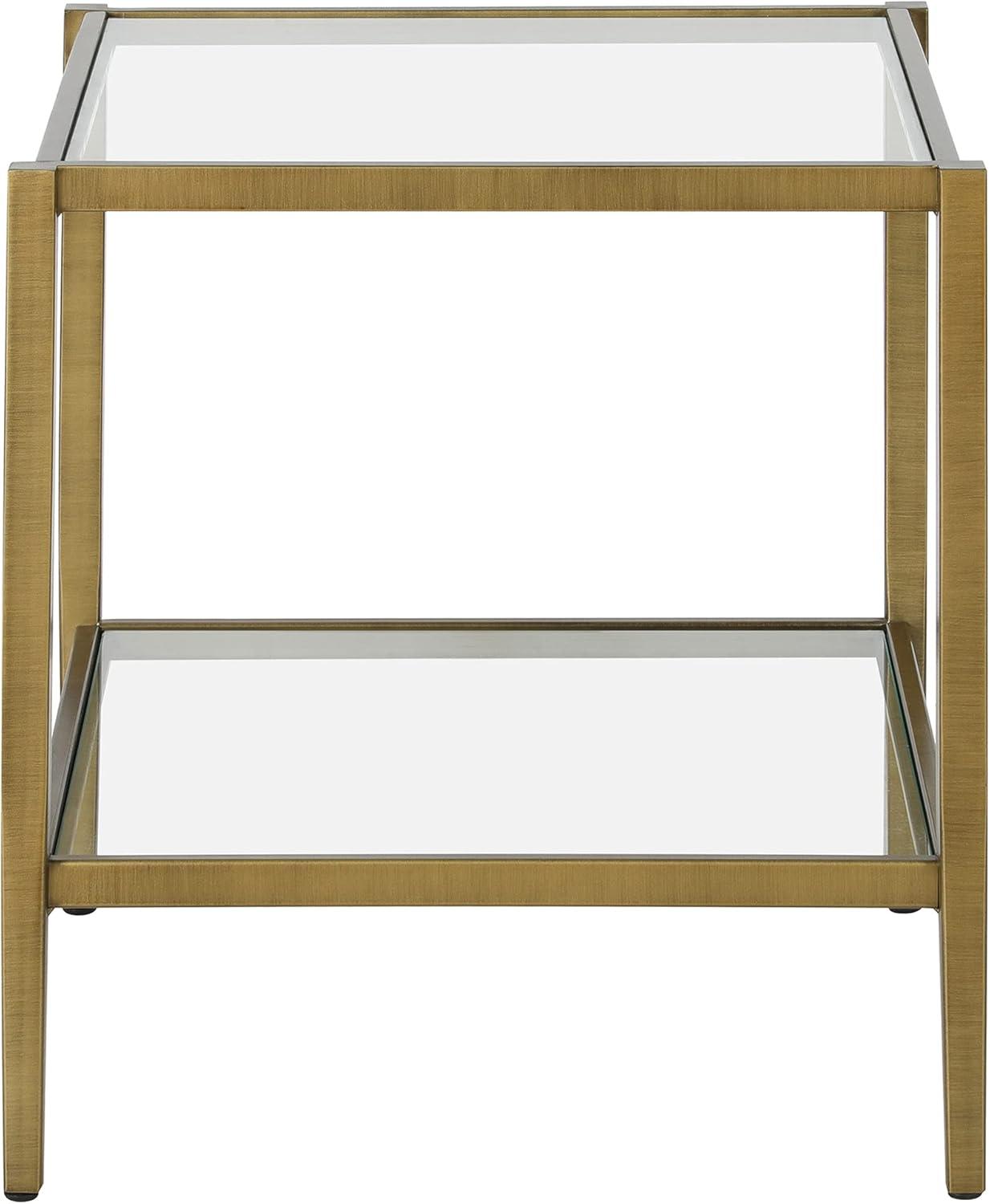 Evelyn&Zoe Hera 20" Wide Square Side Table with Glass Shelf, Antique Brass