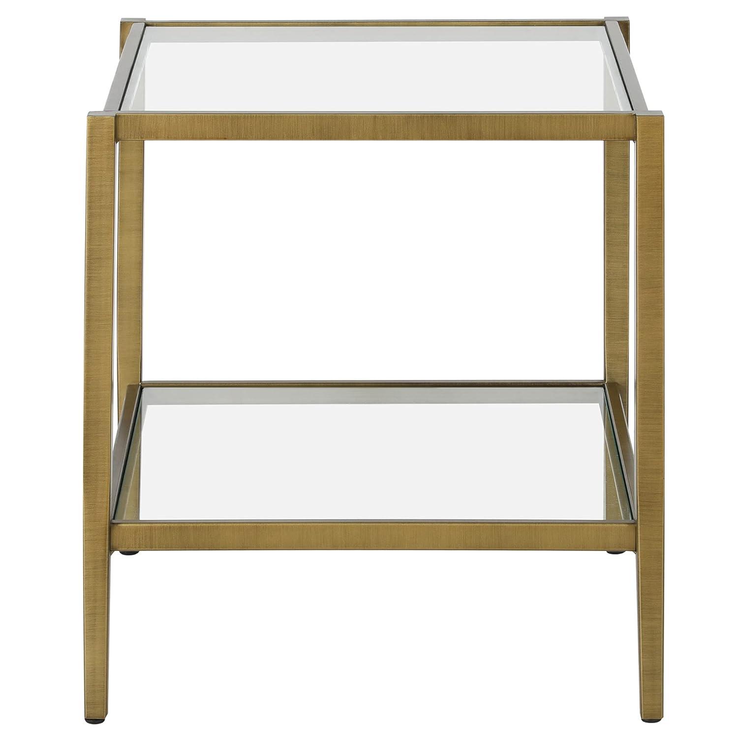 Evelyn&Zoe Hera 20" Wide Square Side Table with Glass Shelf, Antique Brass