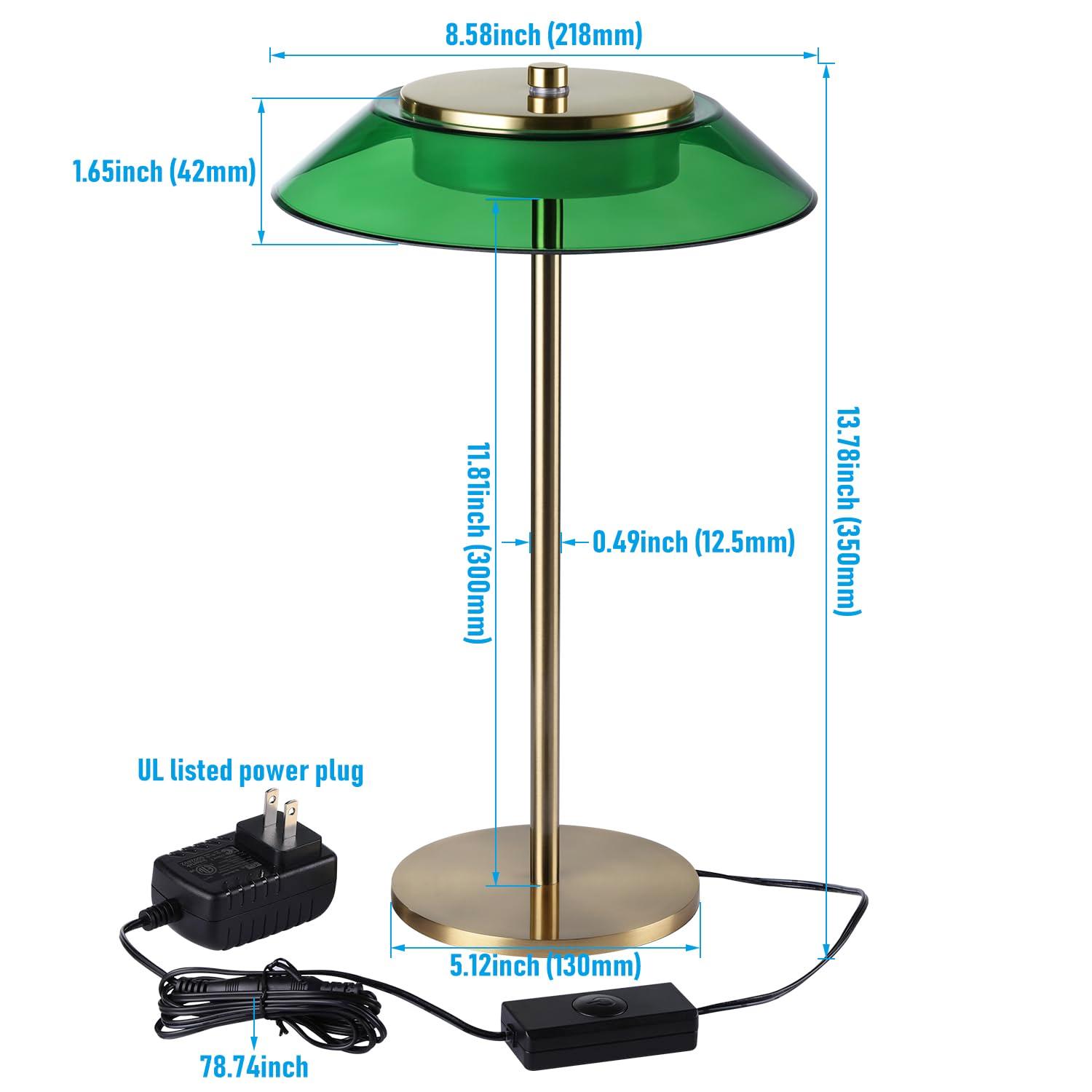 TORCHSTAR Green Glass Desk Lamps with Antique Brass Body, 330LM 3-Step Dimmable, 100-240V Integrated LED Table Lamp for Bedside Living Room, ETL&UL Listed, 3000K Warm White
