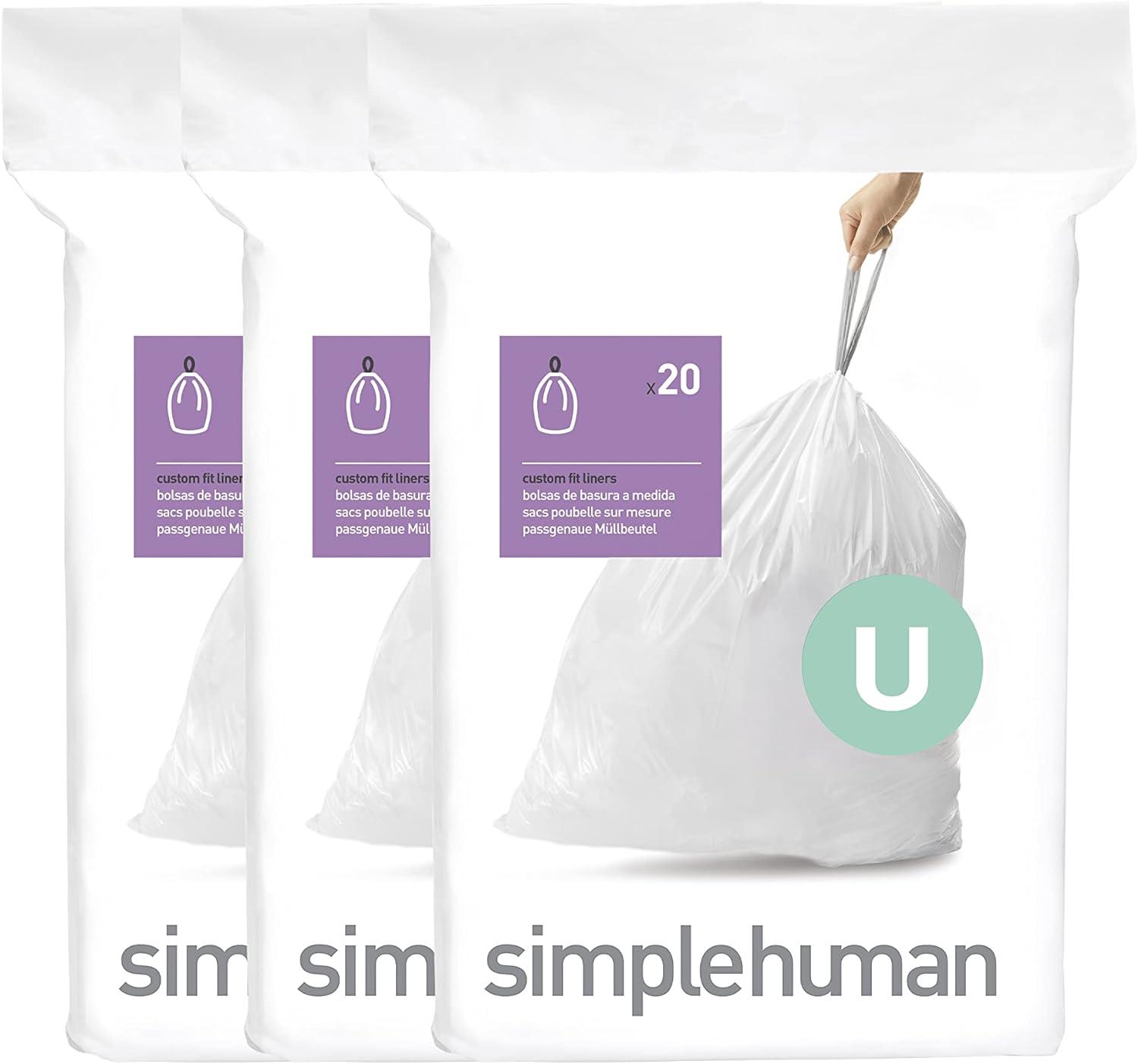 Simplehuman Code U Custom Fit Drawstring Trash Bags, 55 Liter / 14.5 Gallon, White, 60 Liners (Set of 60)