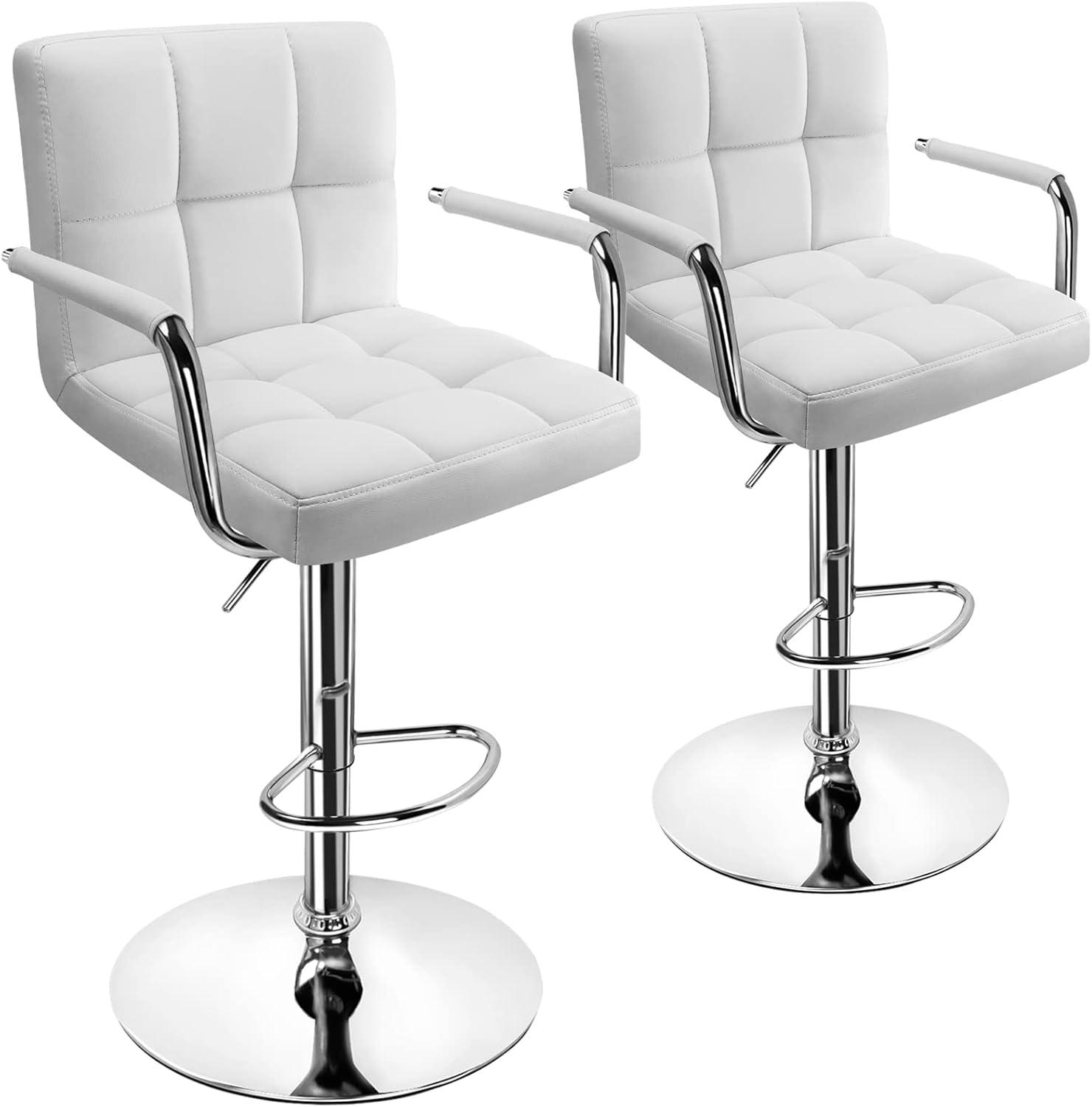 Luxvie Bar Stools Set of 2 with Back and Arms Swivel Bar Chairs Counter Height Barstools Adjustable Bar Chair for Home and Kitchen Counter(White/Silver, 2pcs)