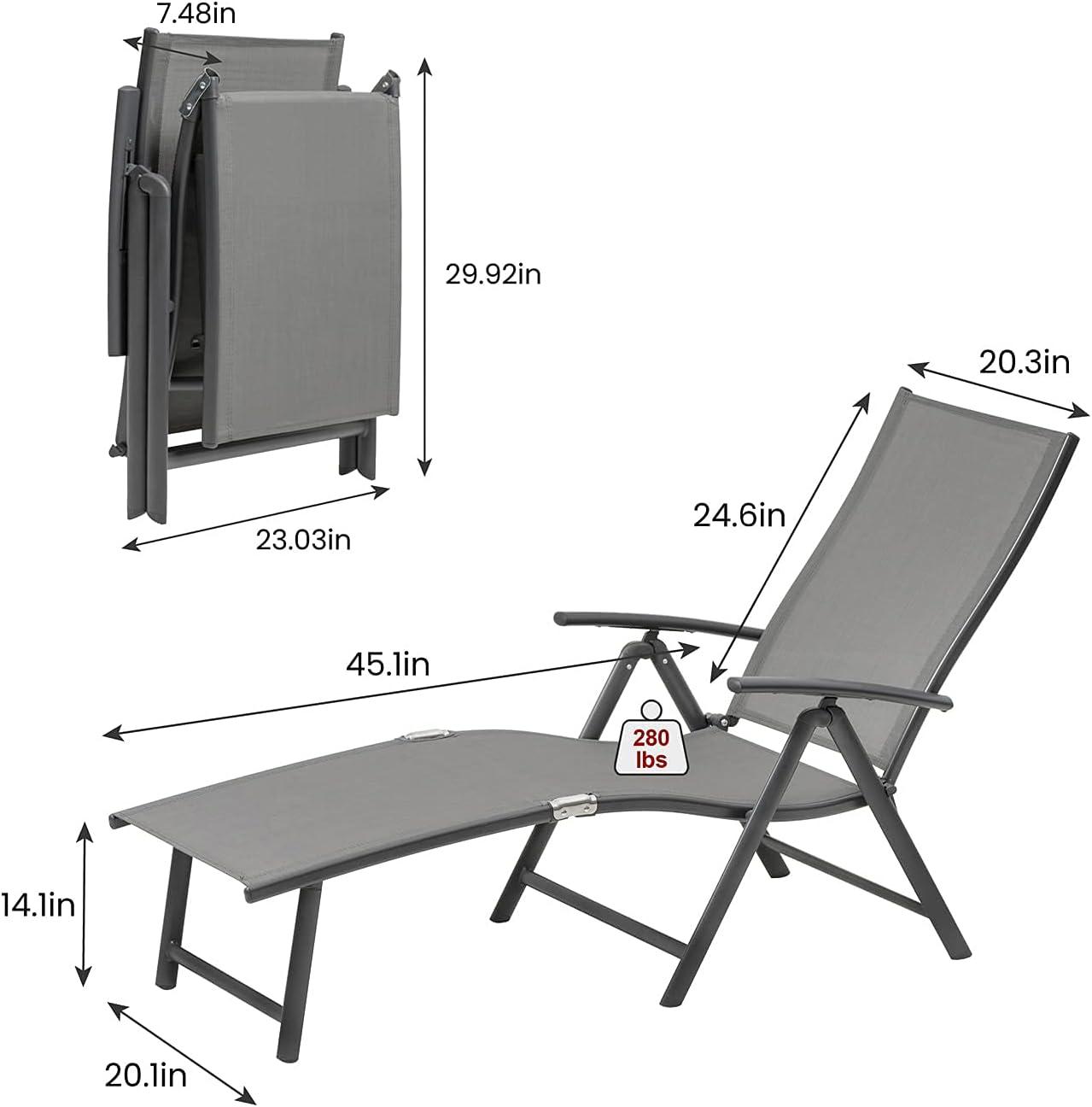 Gray Aluminum Adjustable Outdoor Chaise Lounge Set with Arms