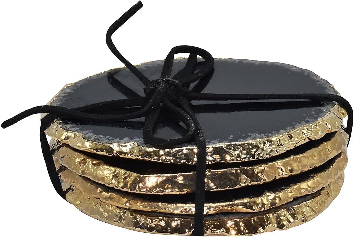 Black and Gold Rimmed Round Agate Stone Coasters Set