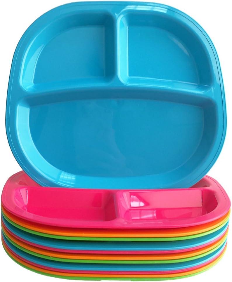 US Acrylic Harmony 3-compartment Divided Plastic Kids Tray in 4 Calypso Colors | set of 12 Reusable, BPA-free Plates, Made in the USA, Microwave & Dishwasher Safe Dinnerware
