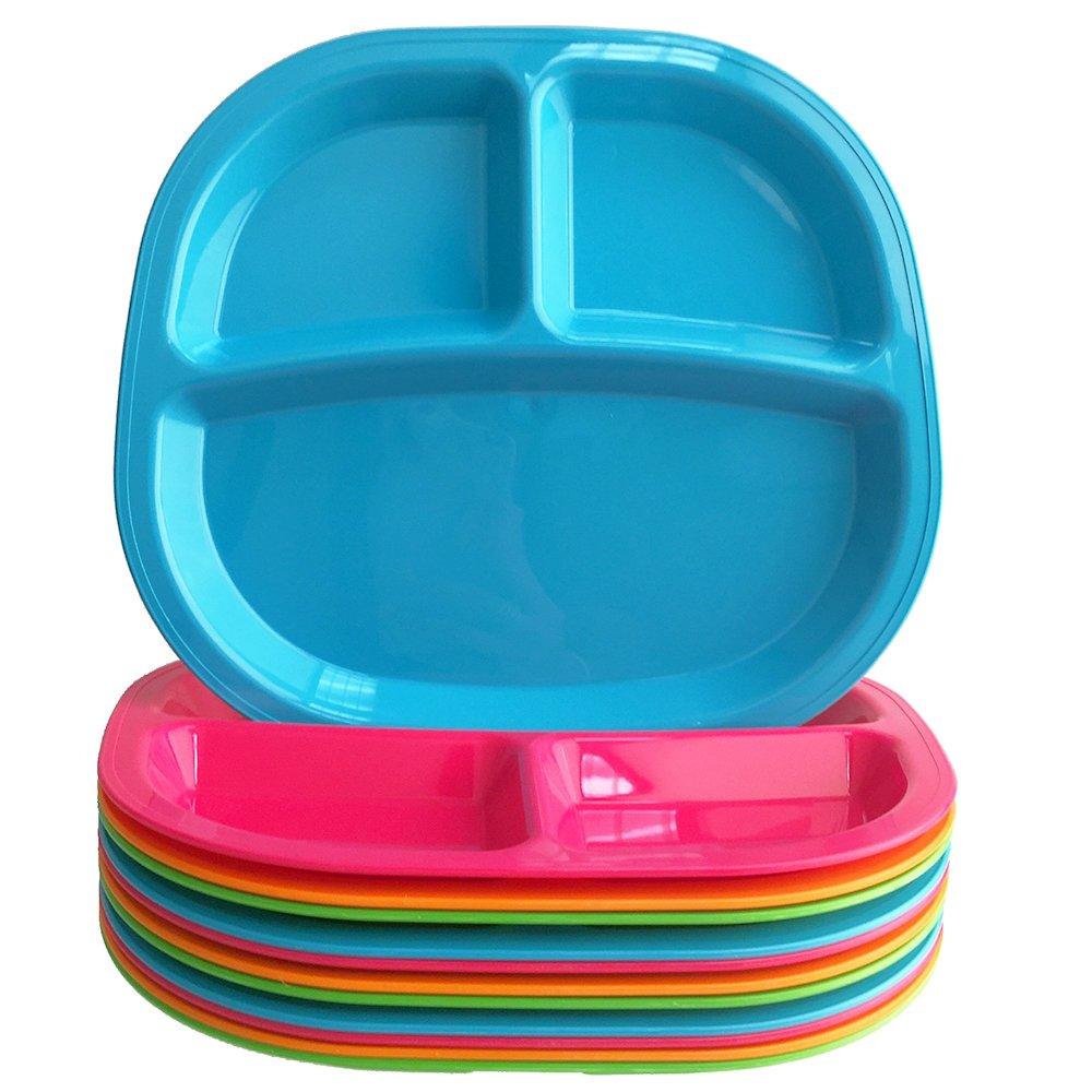 US Acrylic Harmony 3-compartment Divided Plastic Kids Tray in 4 Calypso Colors | set of 12 Reusable, BPA-free Plates, Made in the USA, Microwave & Dishwasher Safe Dinnerware