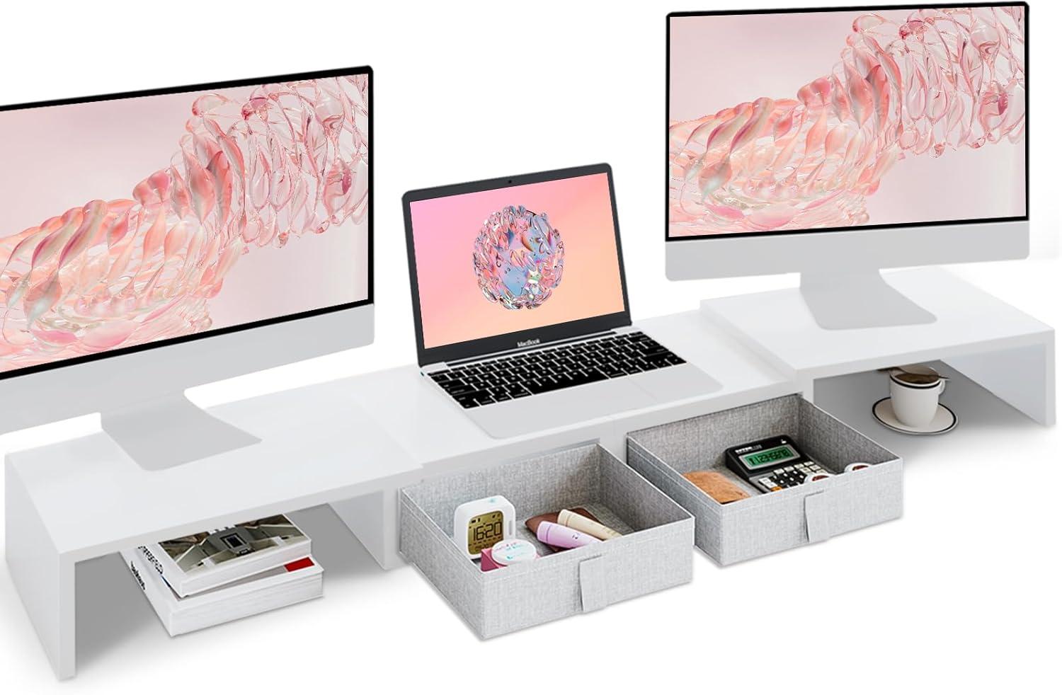 White Adjustable Dual Monitor Stand with Storage Drawers