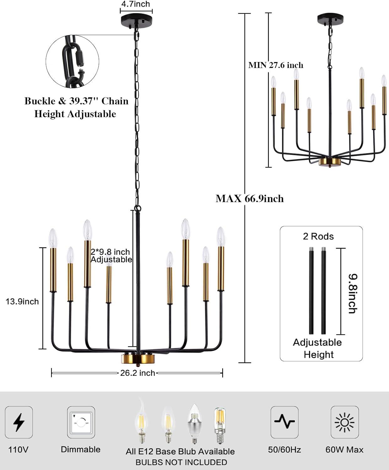 8-Light Farmhouse Traditional Candle Chandelier for Dining Room Bedroom Living Room Black+Gold