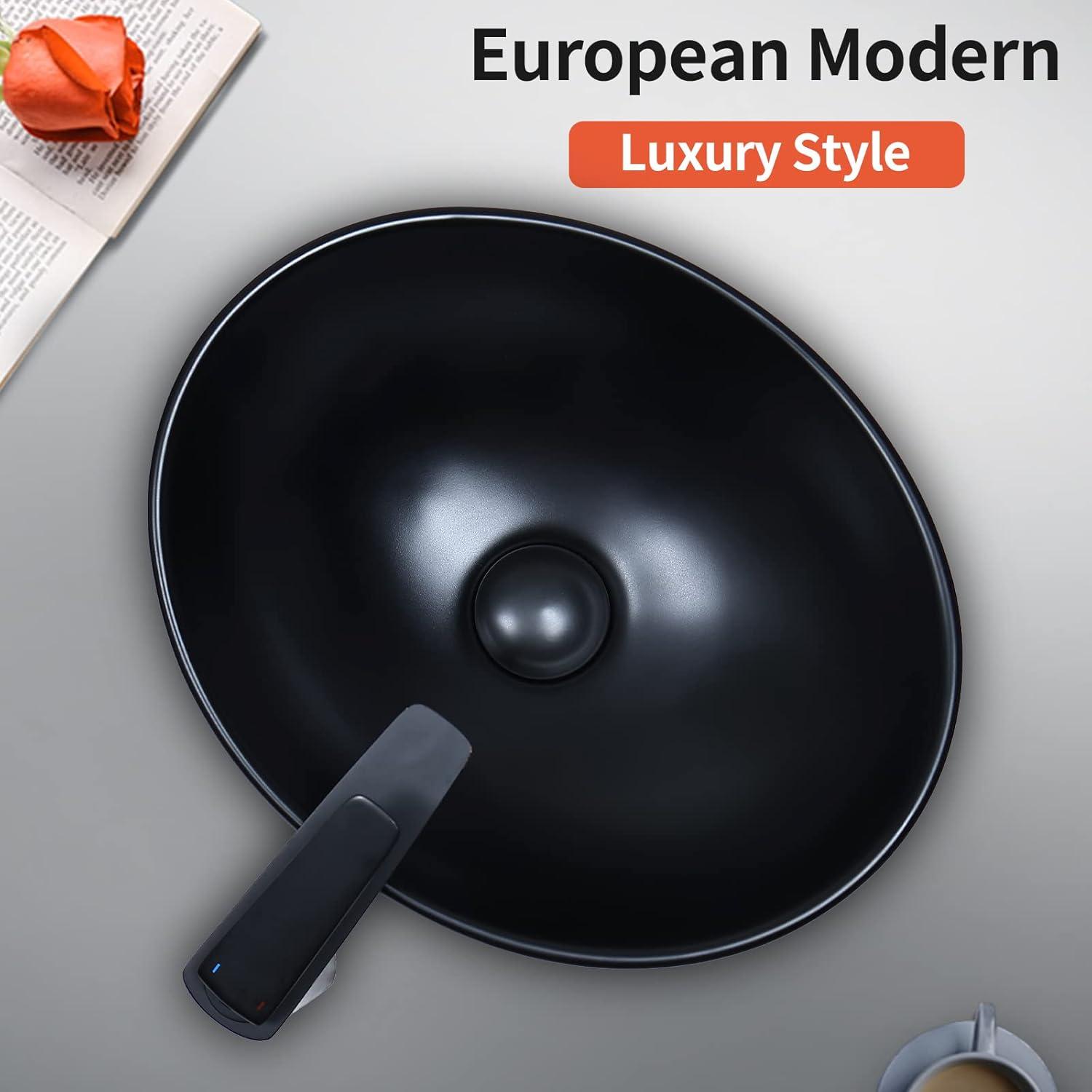 Matte Black Oval Ceramic Vessel Sink with Pop-Up Drain